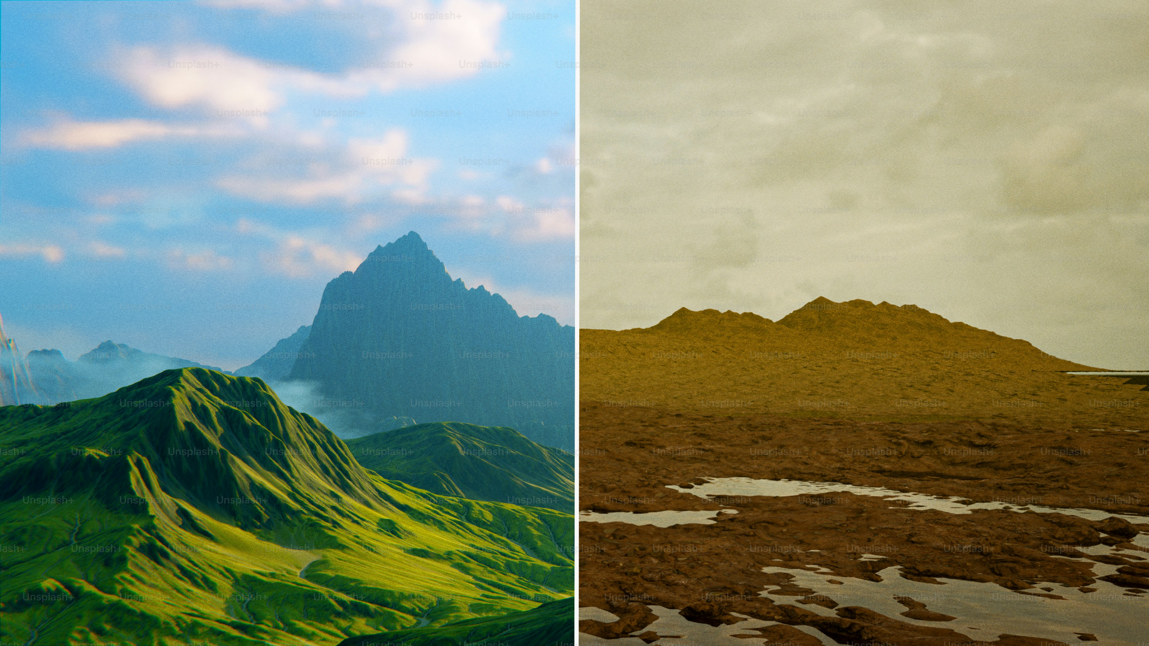 Lush green mountains under blue sky versus barren brown landscape