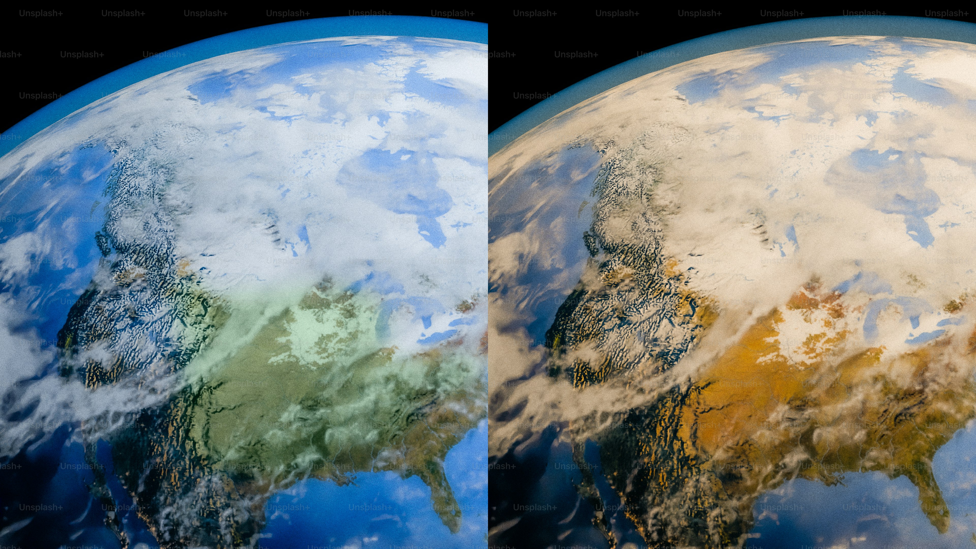 Split view of earth showing climate change effects.