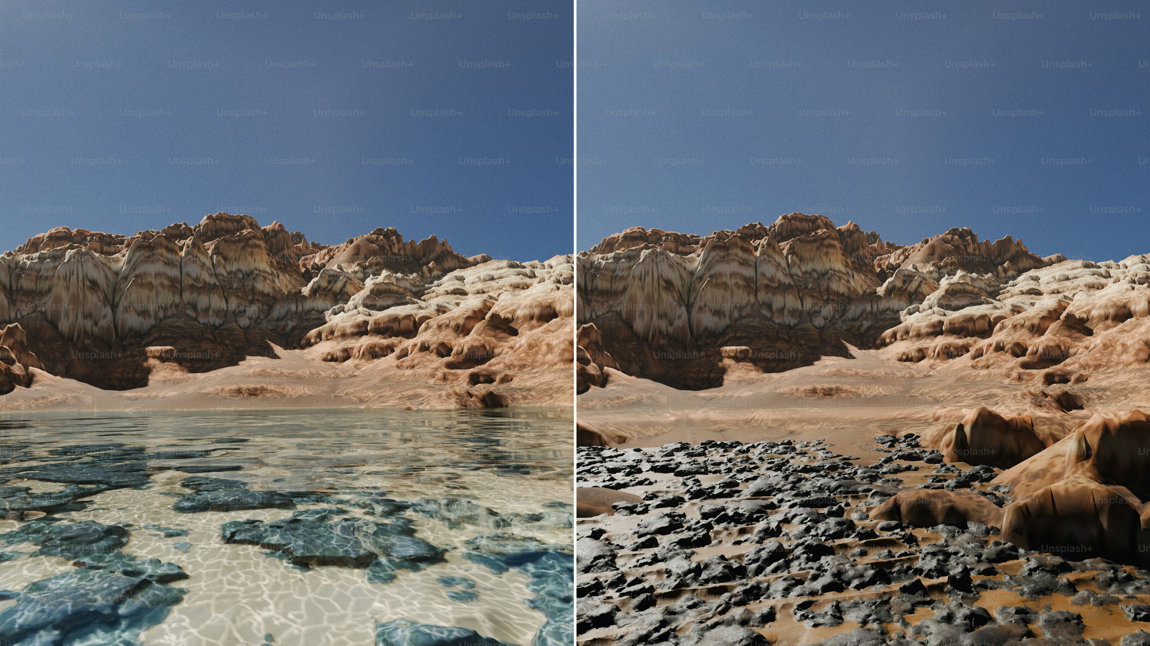 Rocky coastline with clear blue water and sky.
