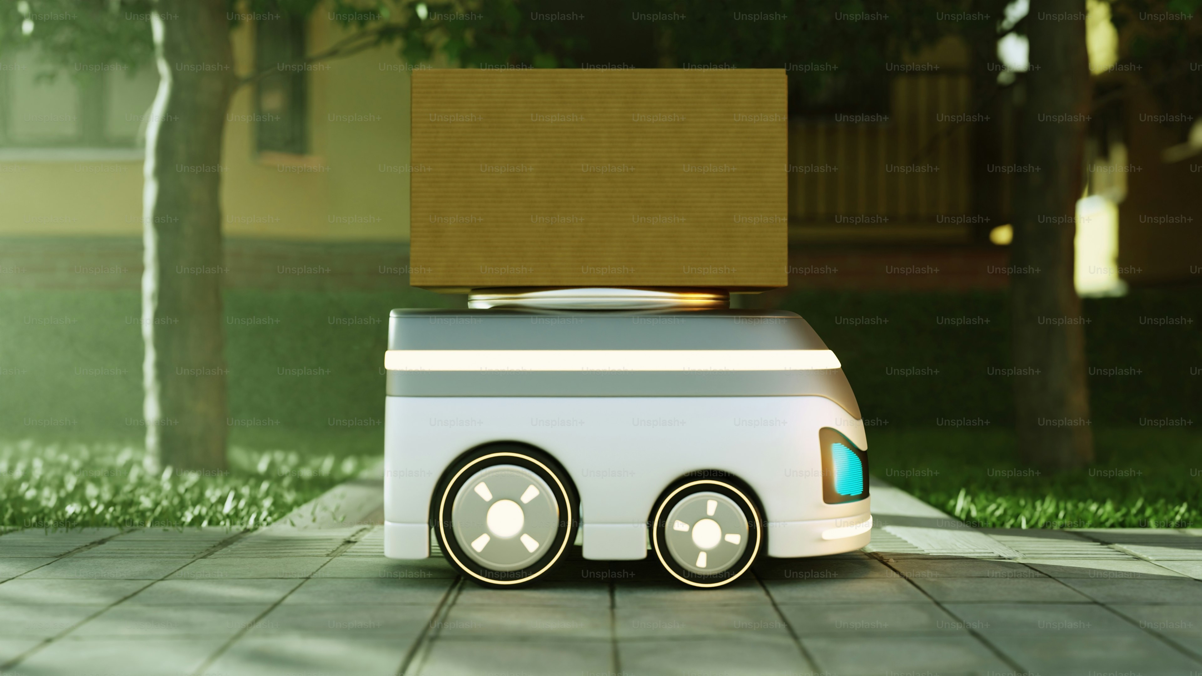 Autonomous delivery vehicle carrying a box on sidewalk