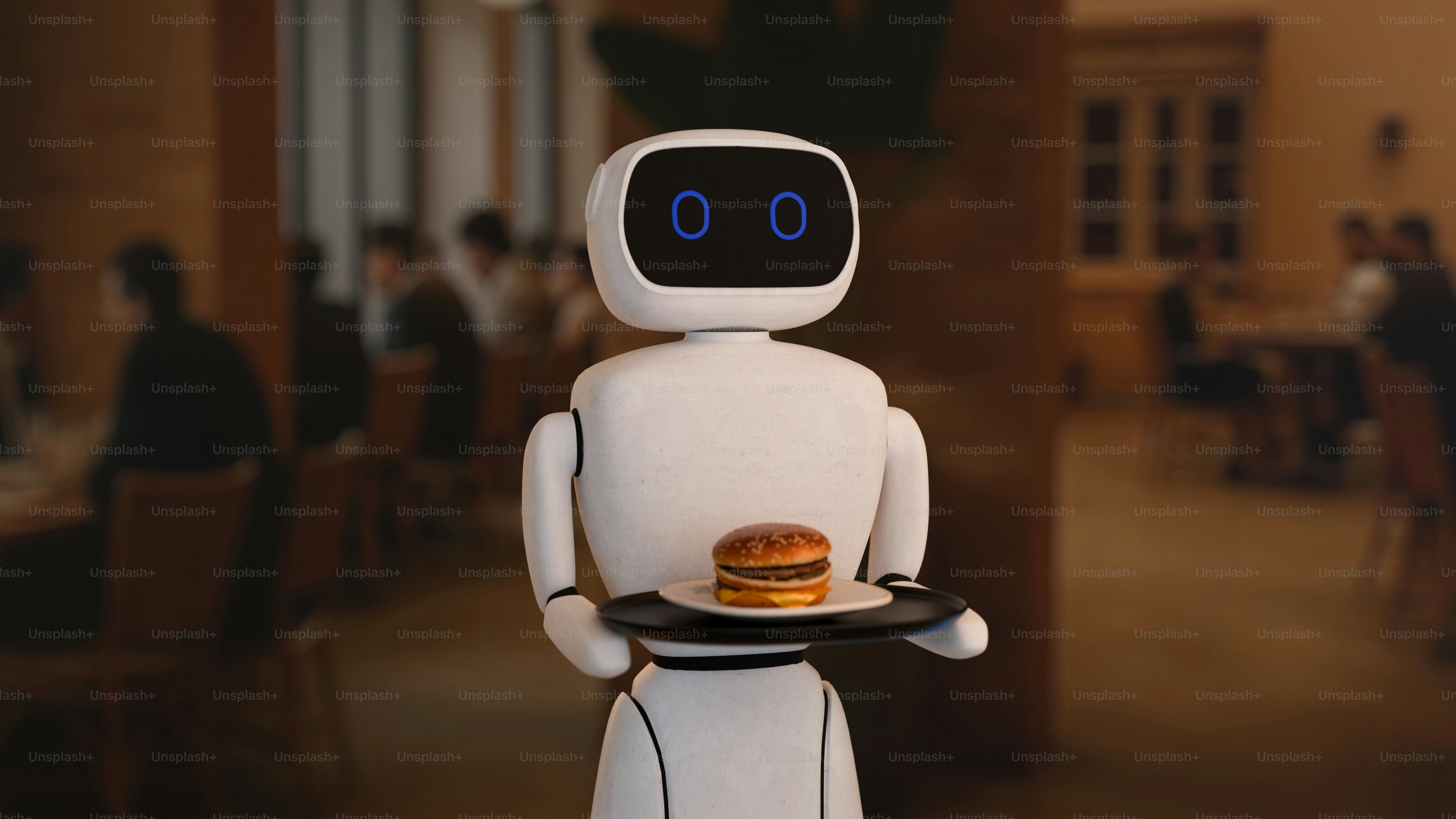 Robot serving a hamburger on a tray in restaurant.