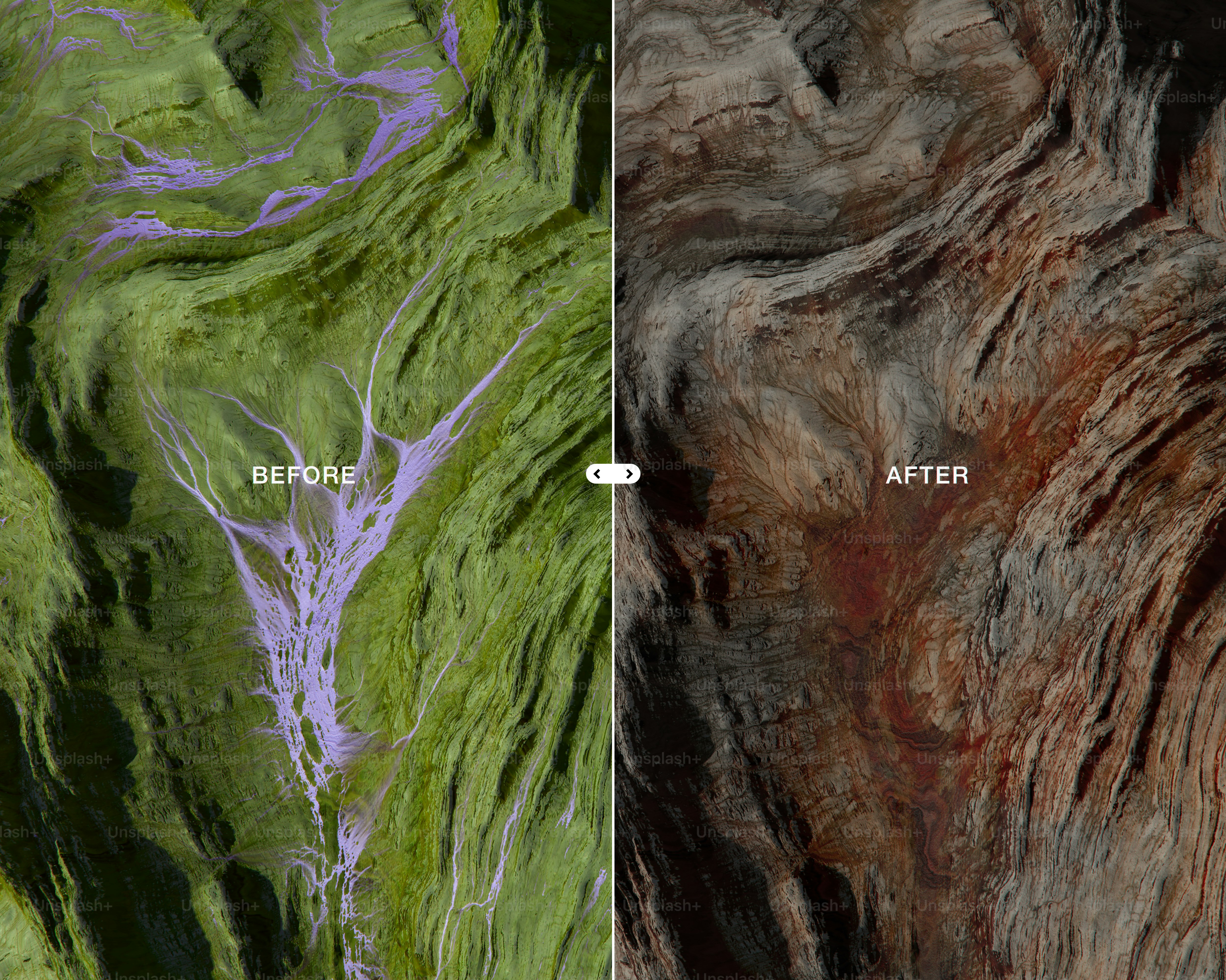 Side-by-side comparison of land before and after drought. photo ...
