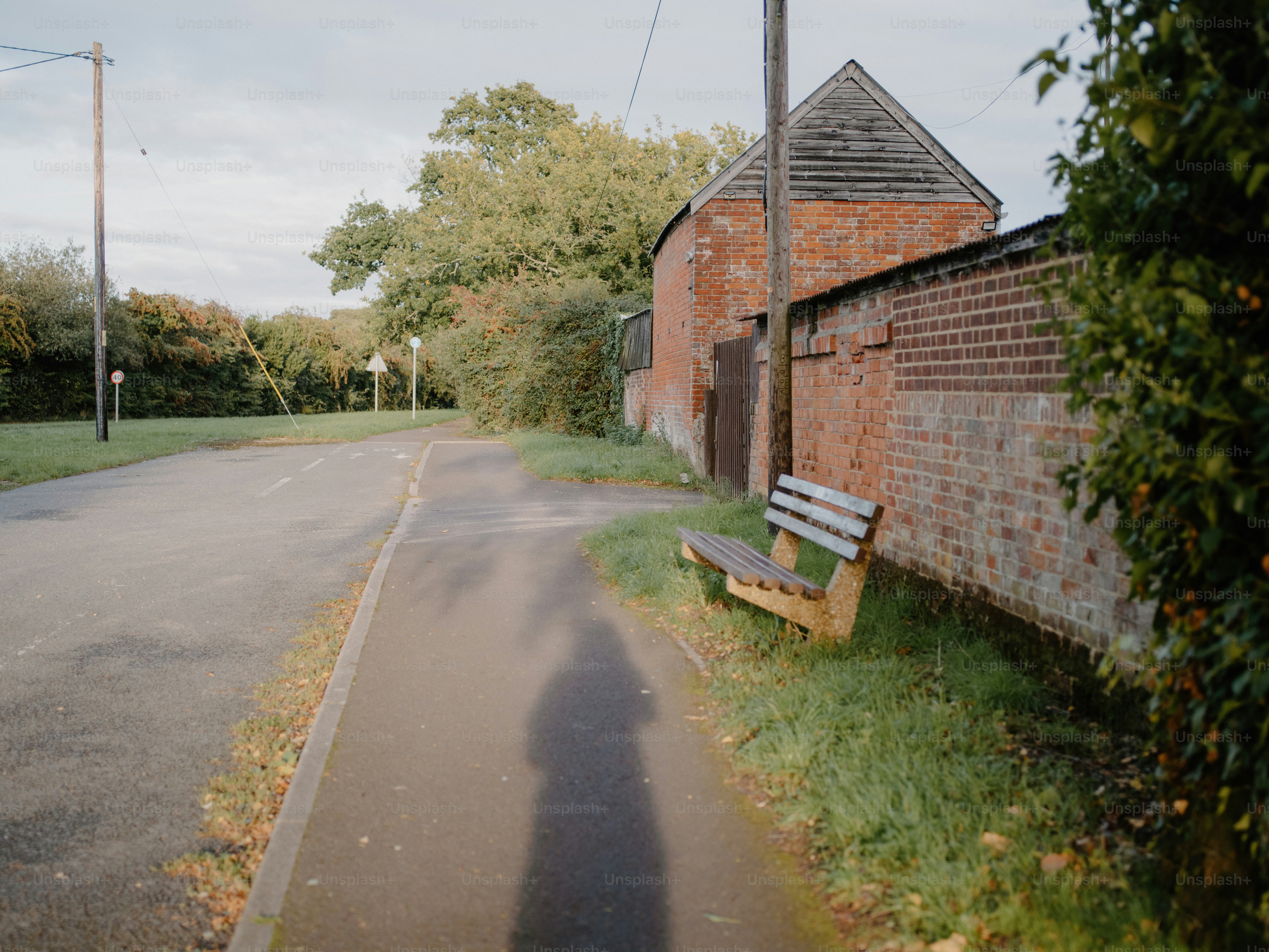 Wooden bench beside brick wall and paved path
