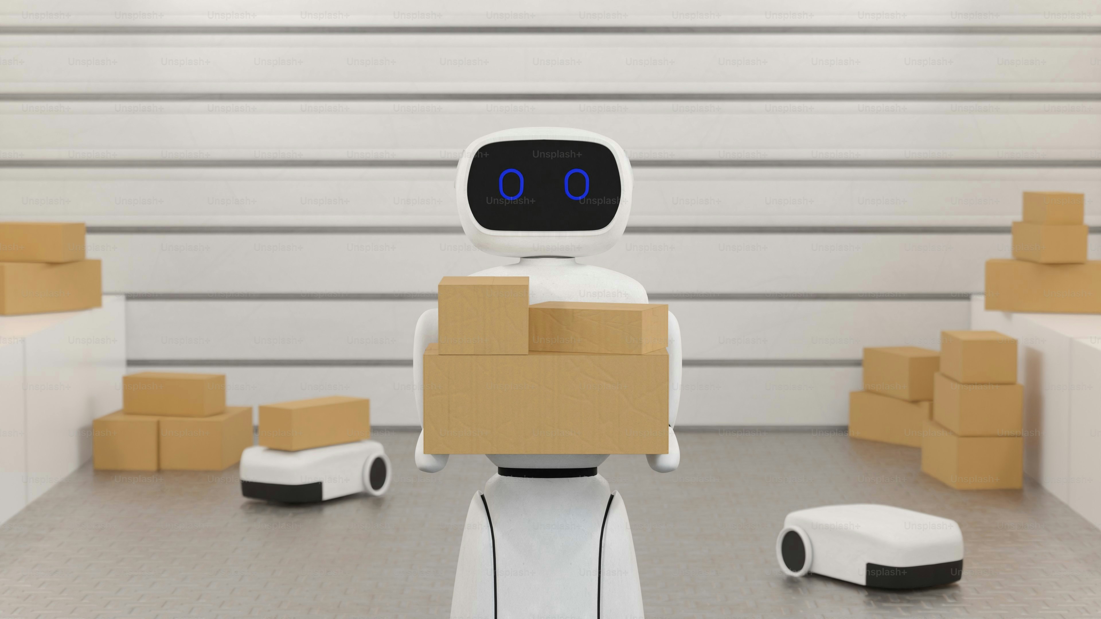 Robot holding boxes in a warehouse with other robots.