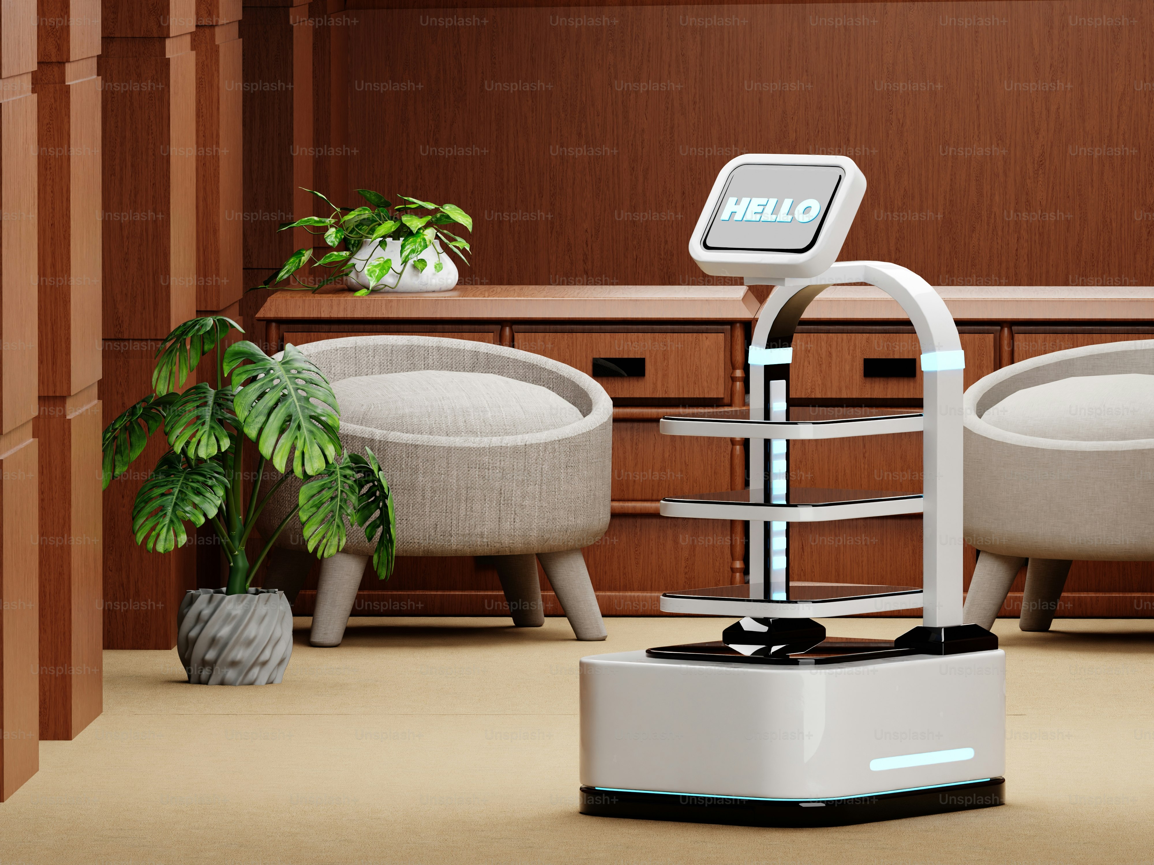 A white robot with a screen saying hello. photo – Technology Image on ...