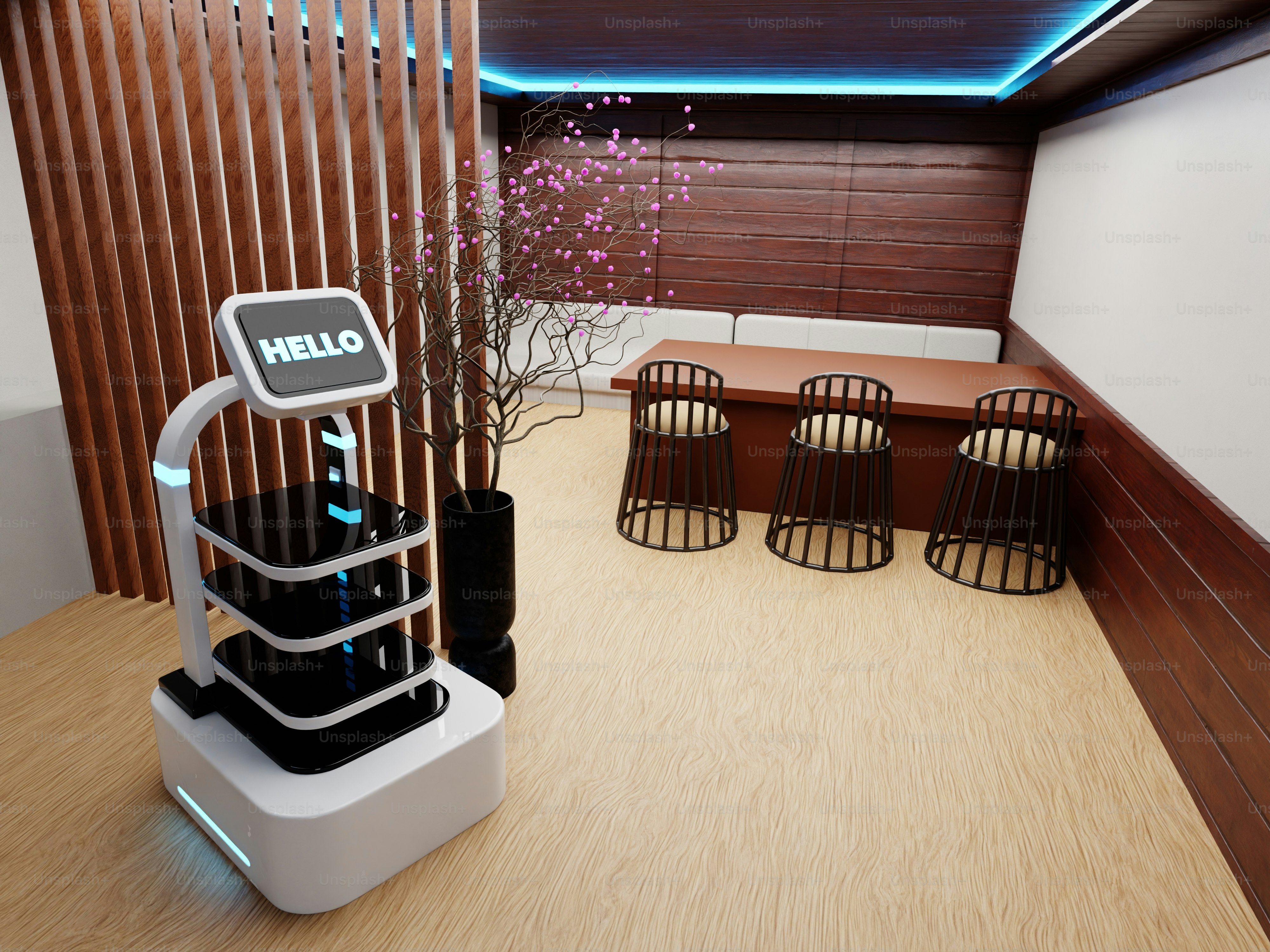 Futuristic service robots in a modern room
