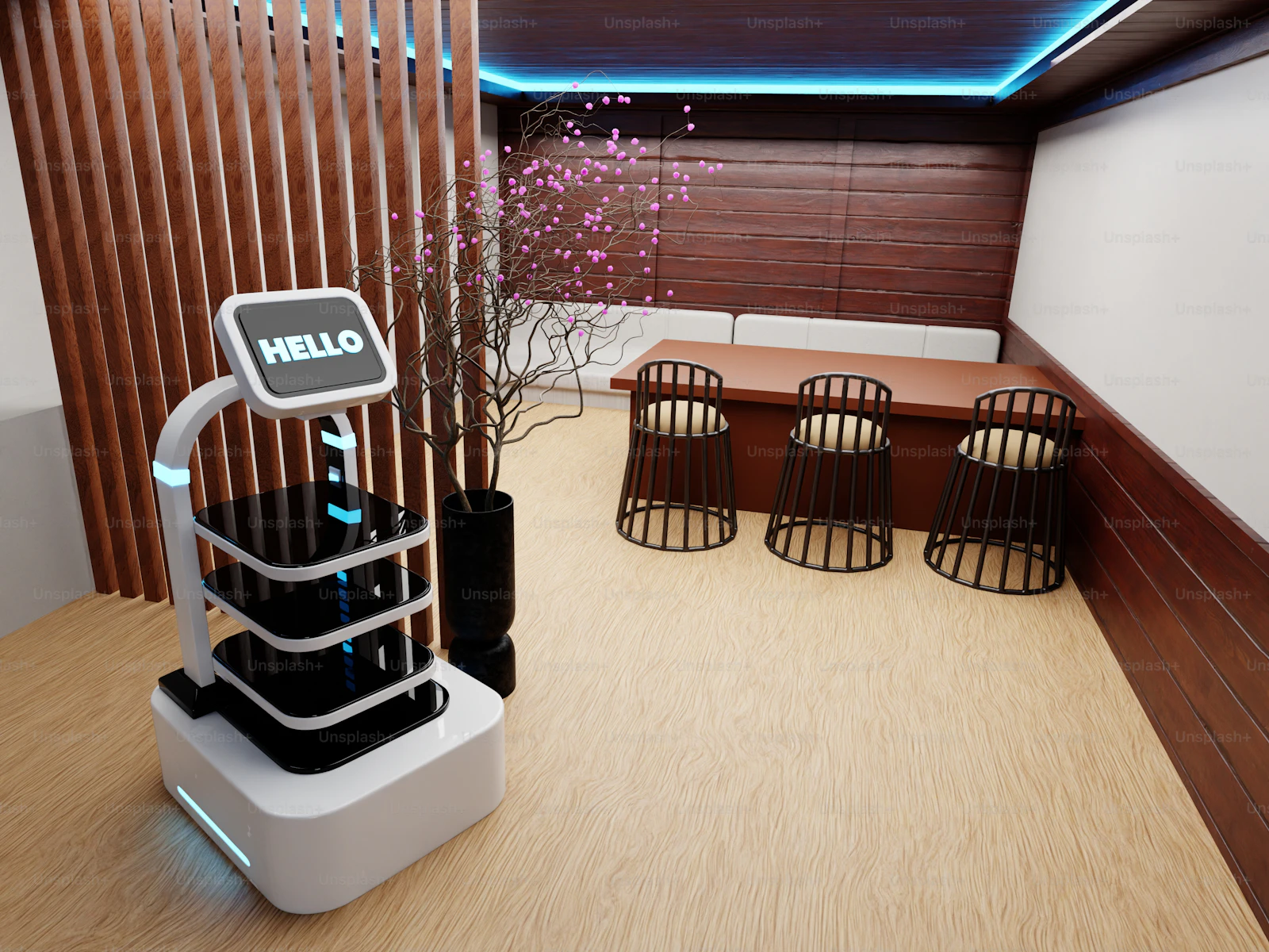 Service robots and smart interfaces in a clean, future-facing interior — Photo by Unsplash