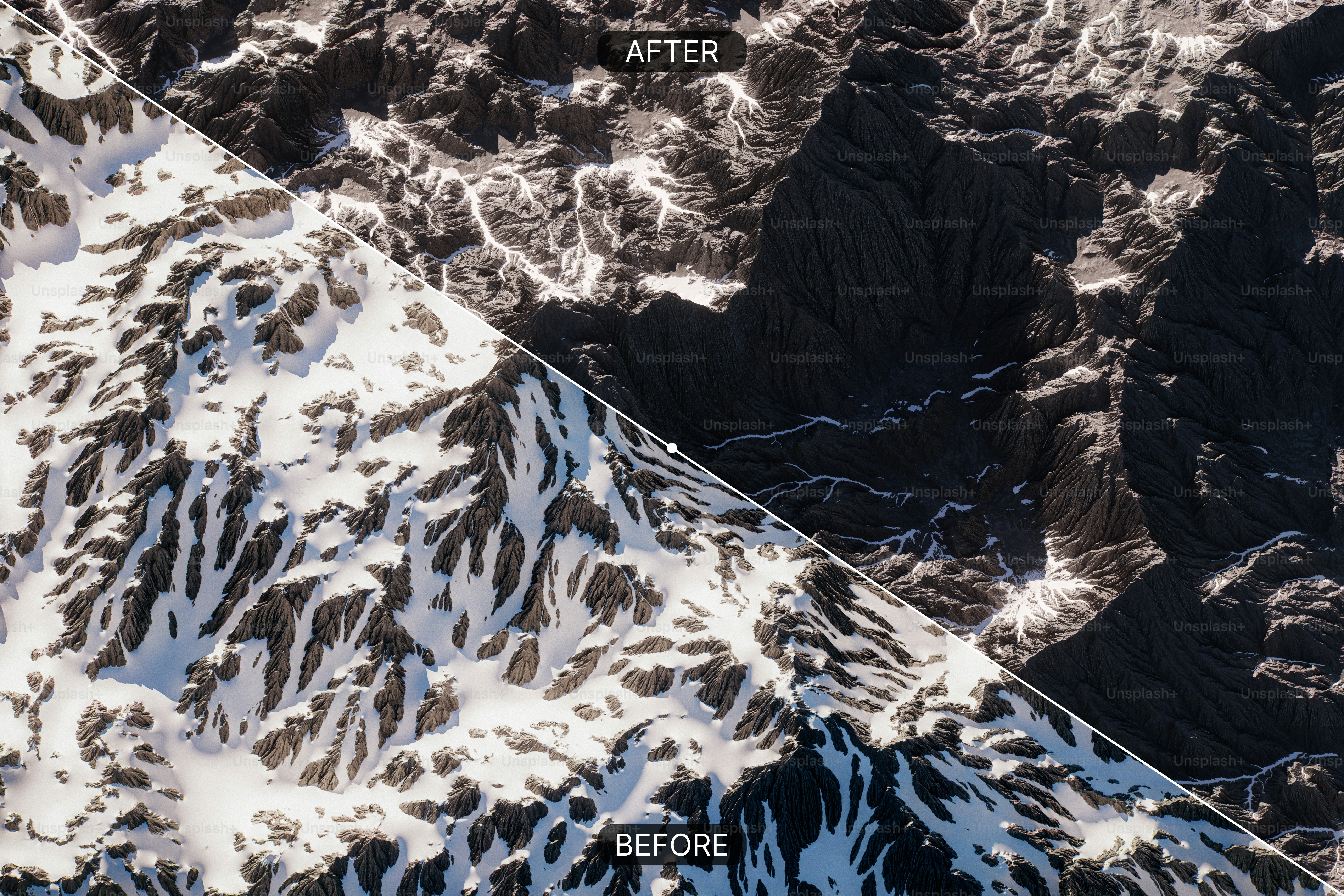 Snowy mountain landscape before and after enhancement