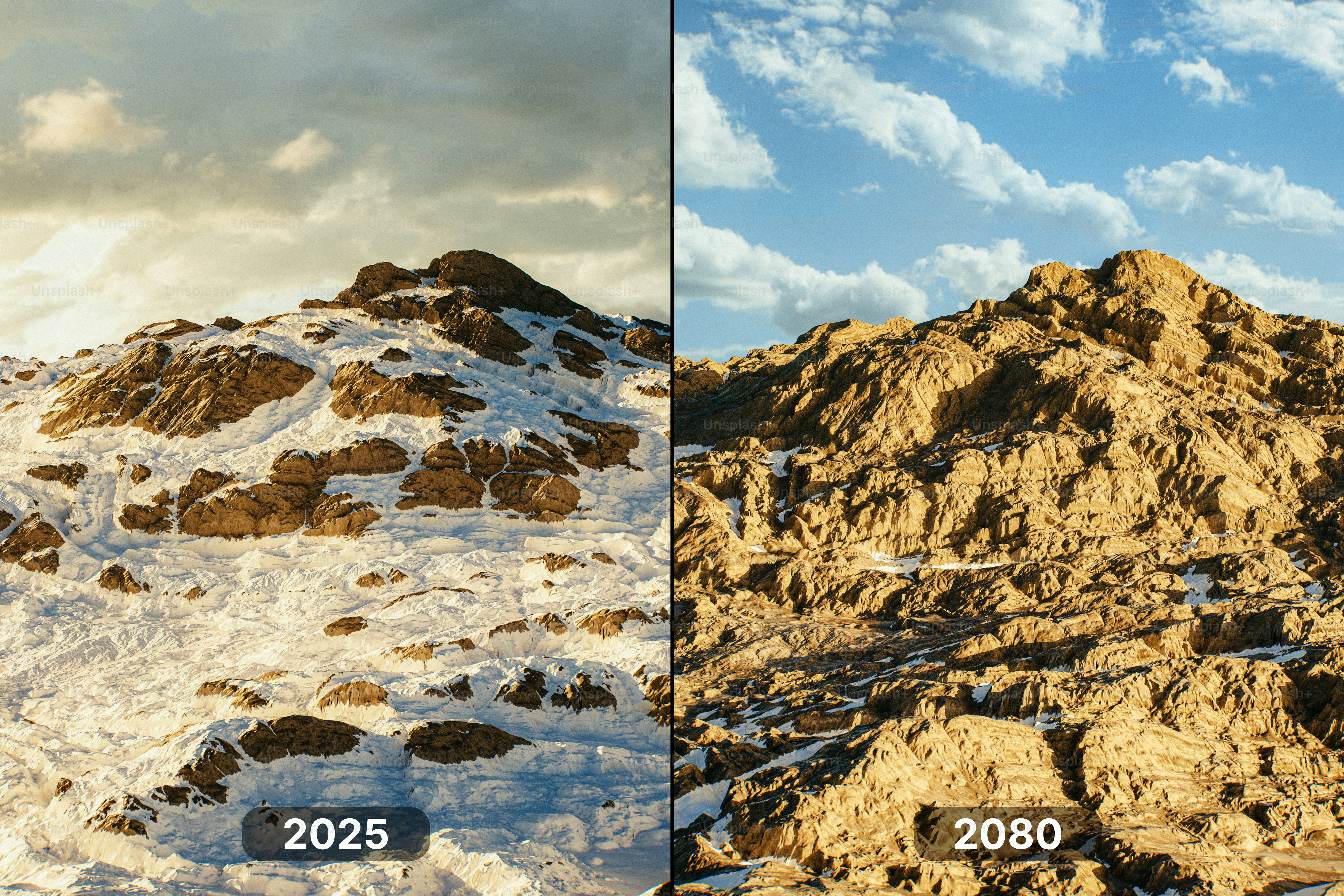 Mountain landscape comparison: 2025 snow versus 2080 dry.