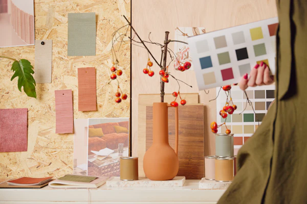 Interior design mood board with colour swatches