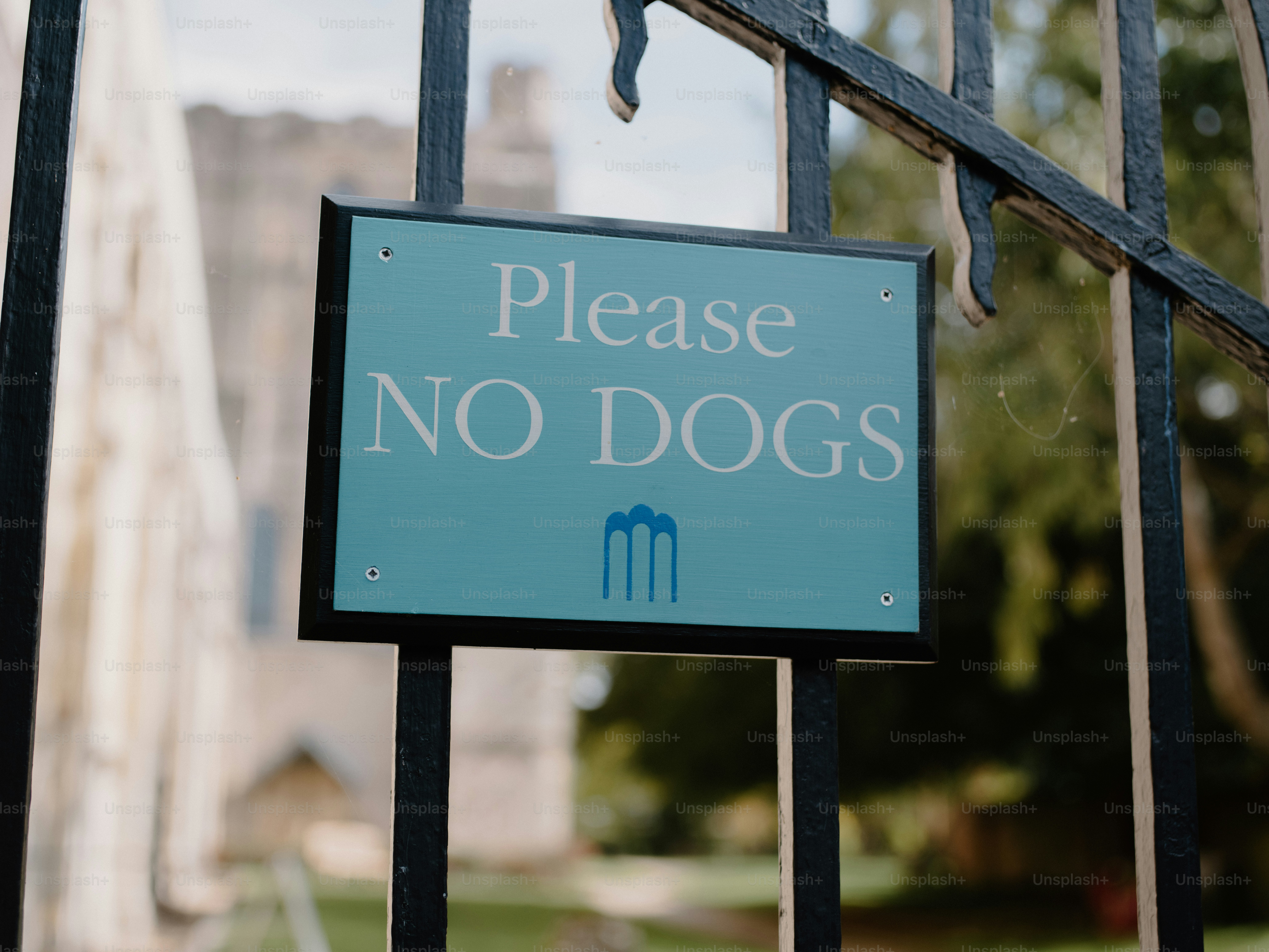 A 'please no dogs' sign on a gate.