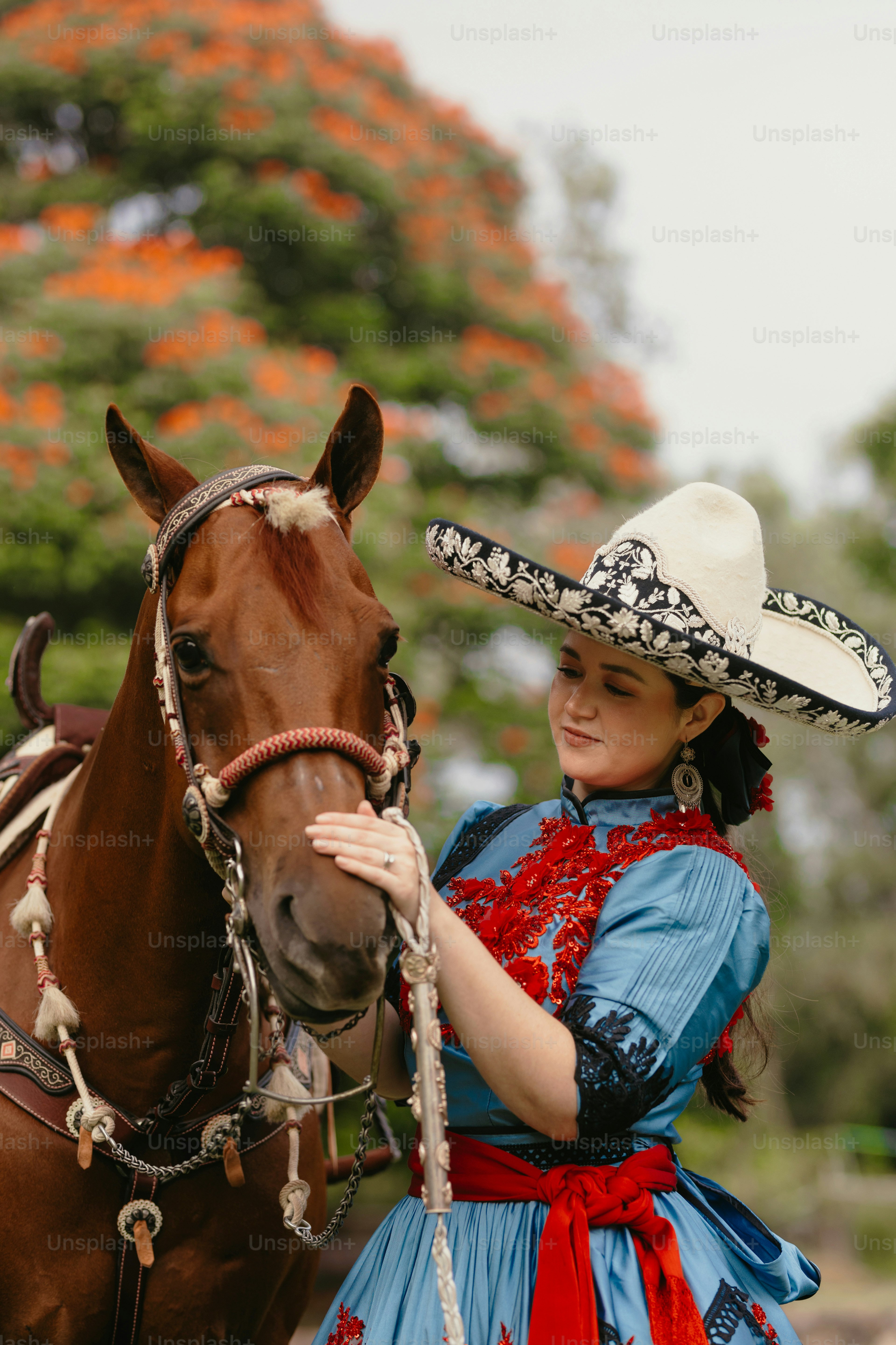 Frau in Tracht mit Pferd