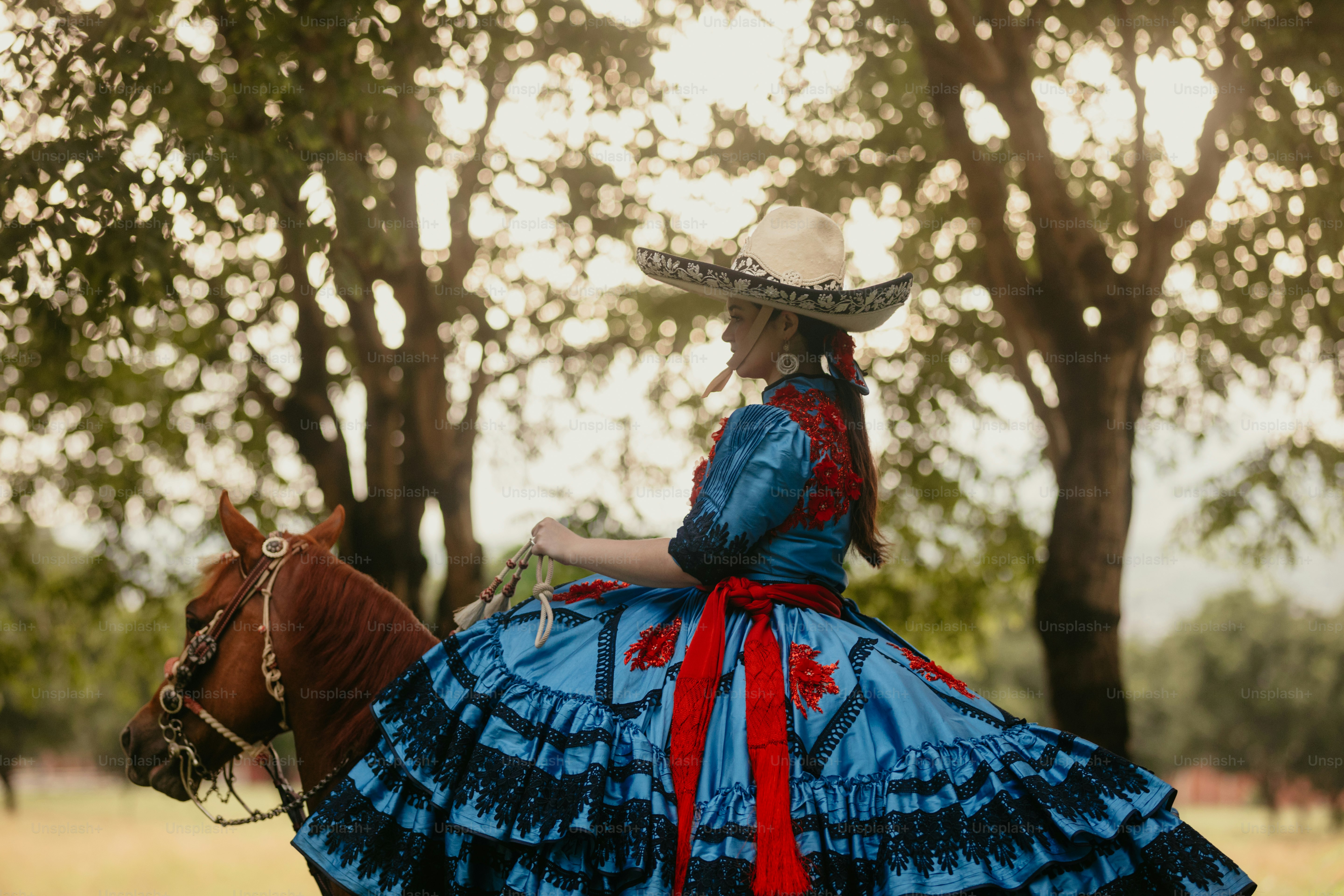 Frau in Tracht reitet auf einem Pferd
