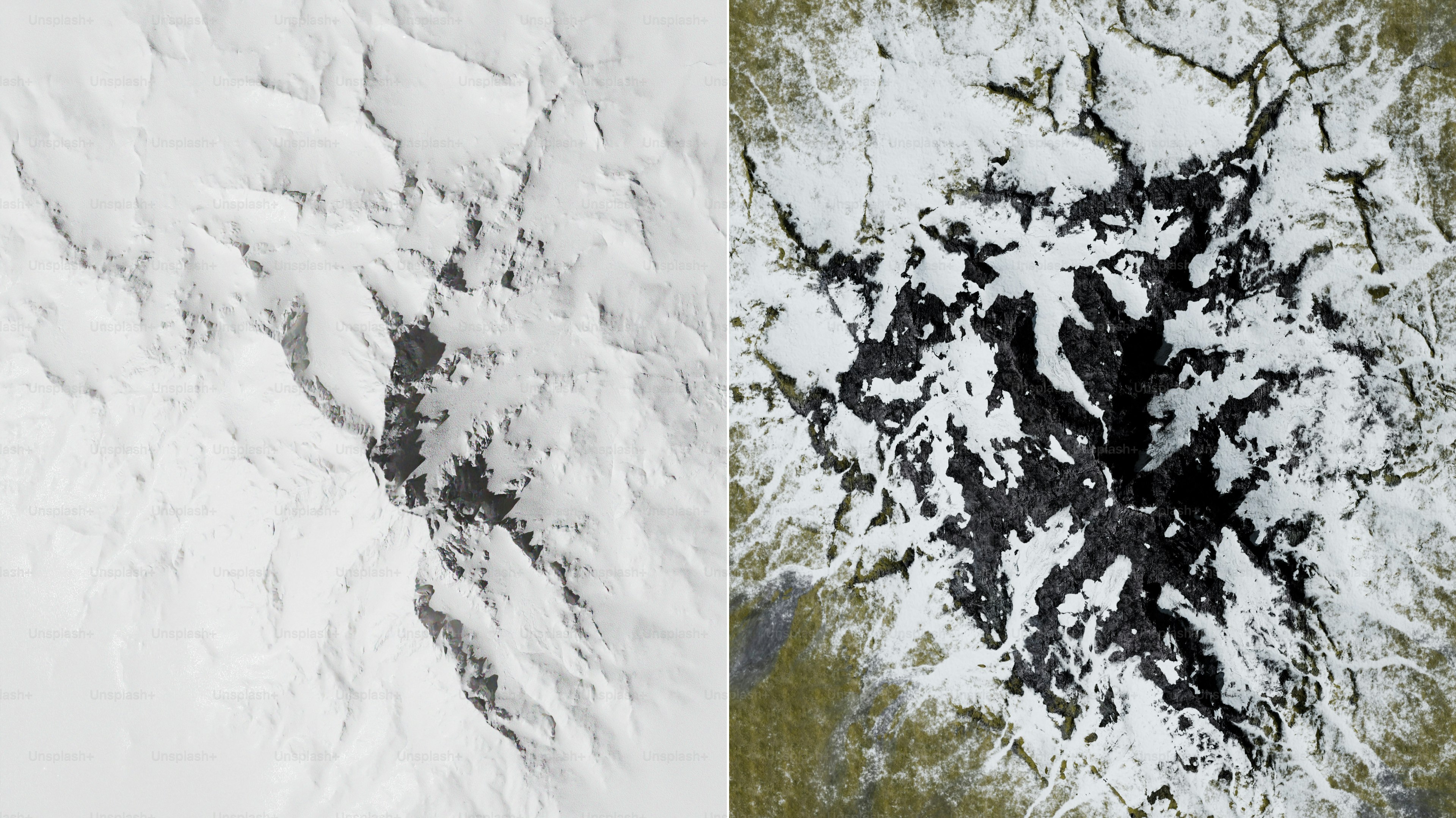 Aerial view of snow-covered terrain and partially melted ice.