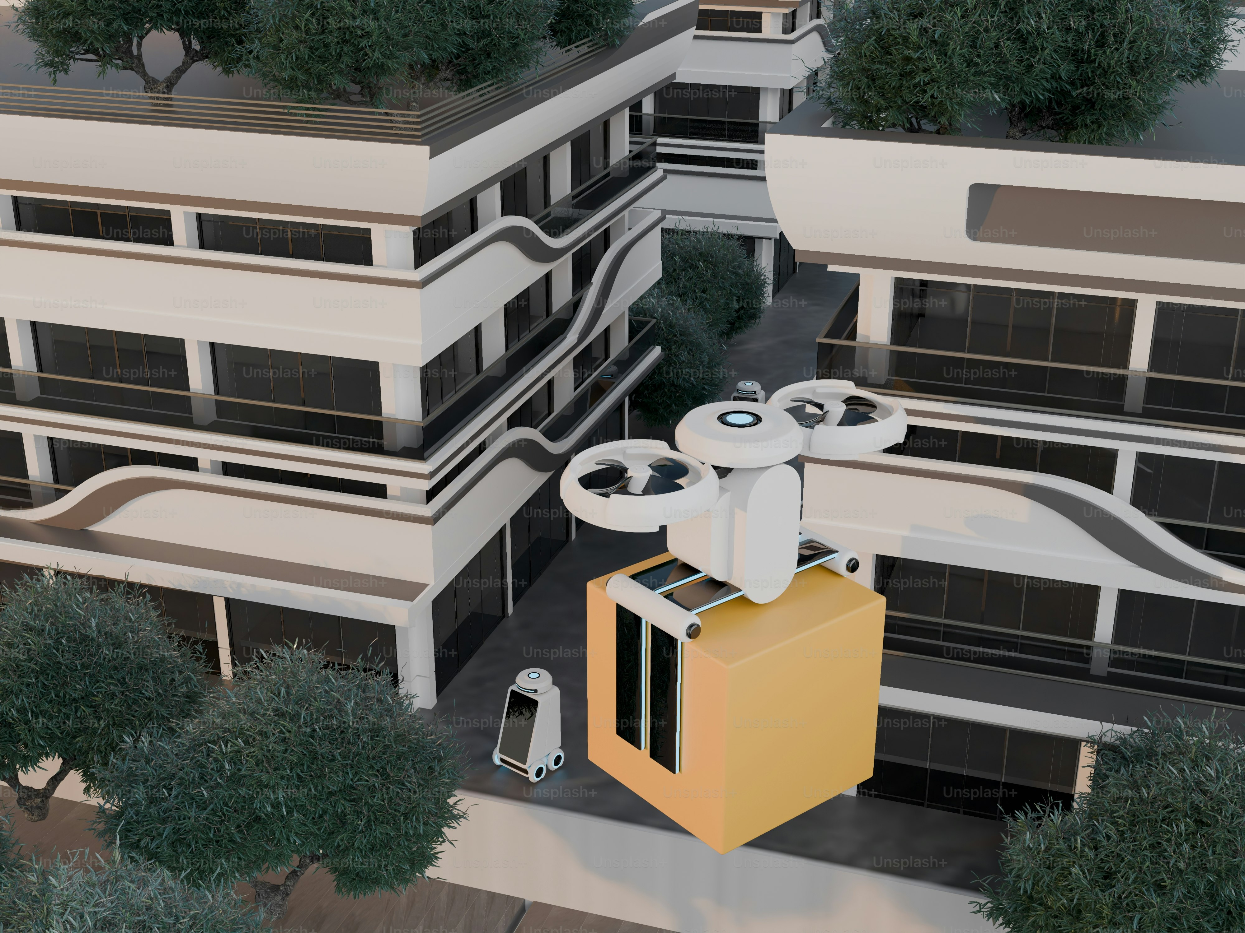 Drone delivering package between modern buildings