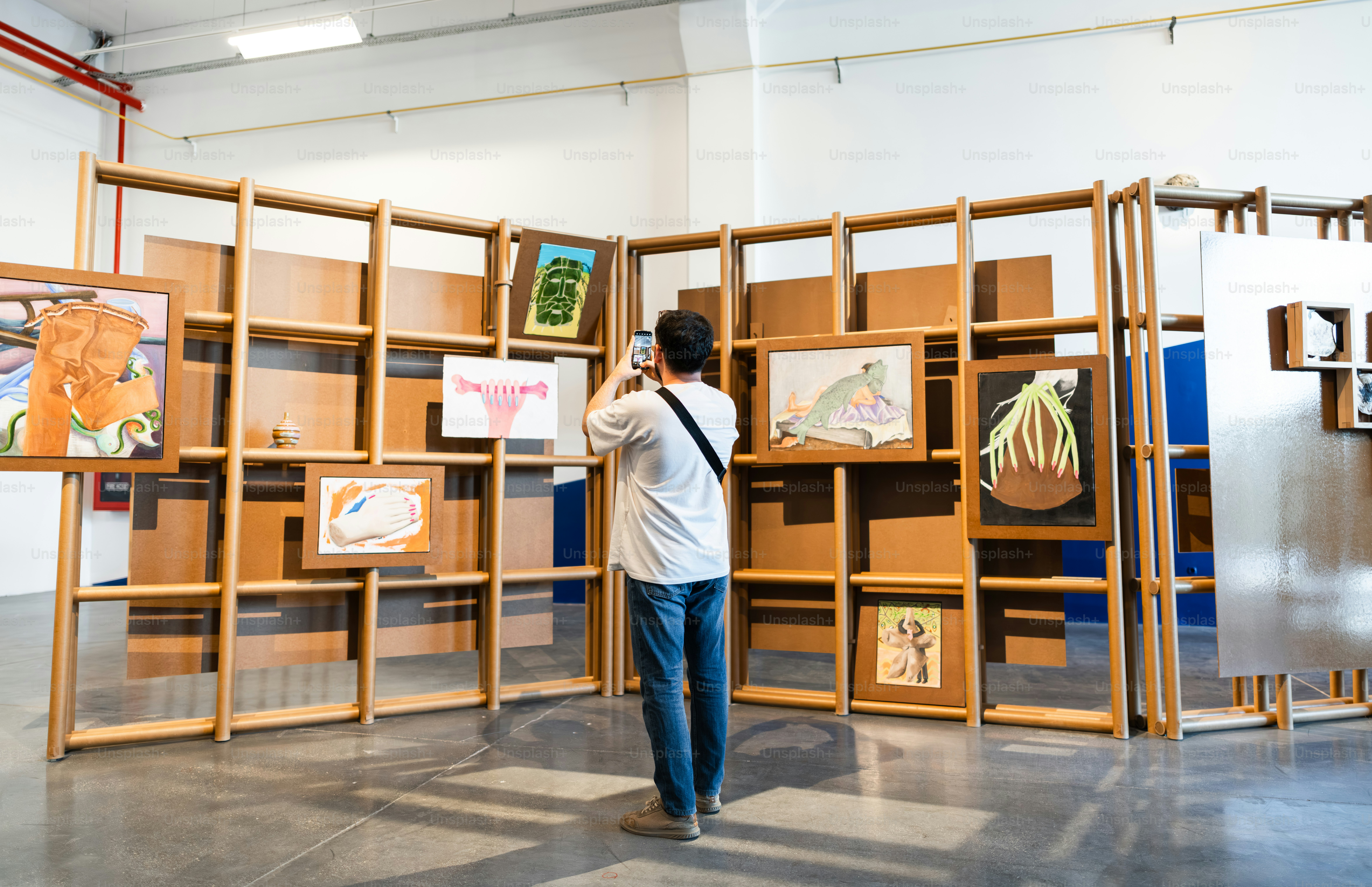 Man photographing artwork in a gallery exhibit.