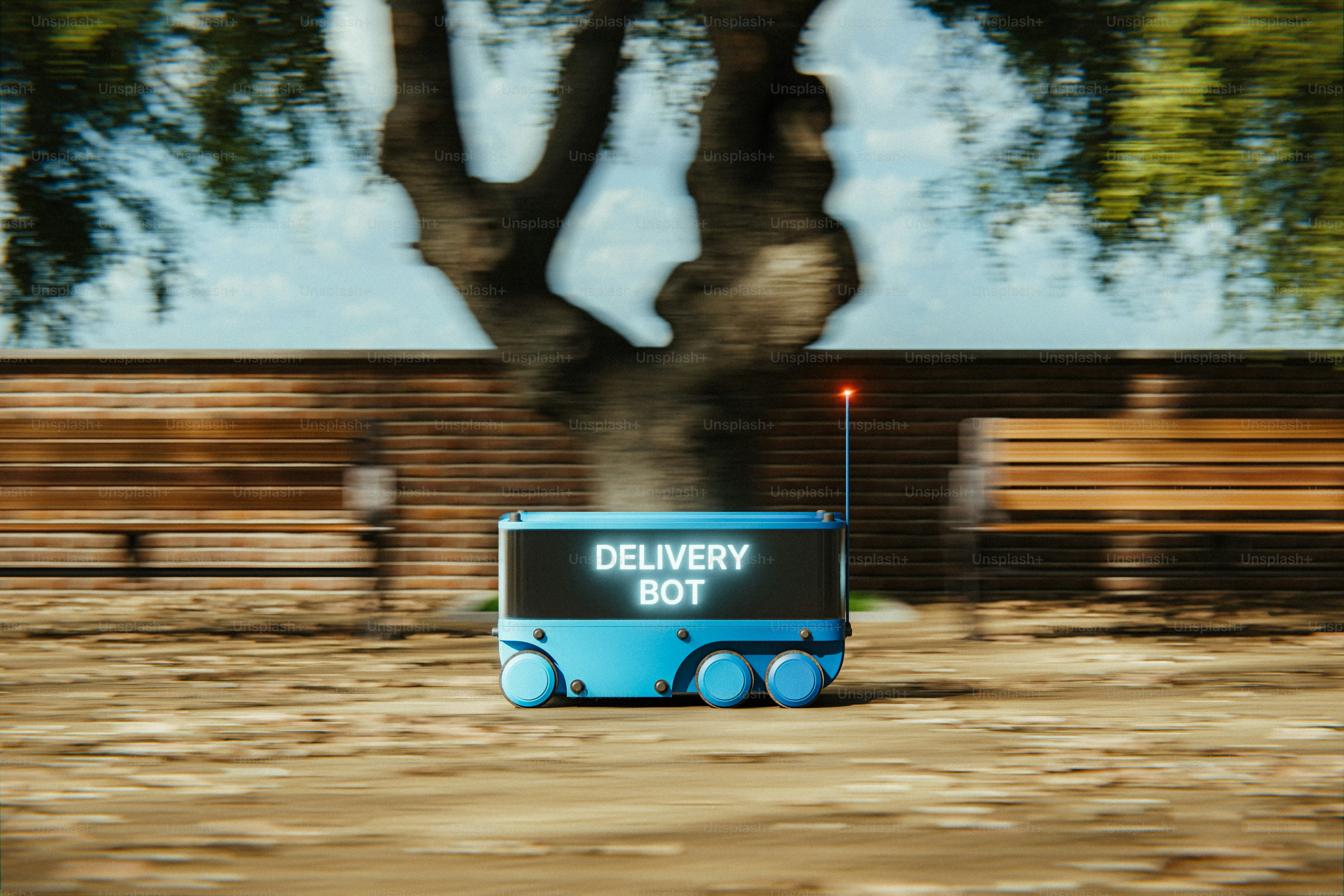 A blue delivery bot moves quickly outdoors. photo – Wallpaper Image on ...