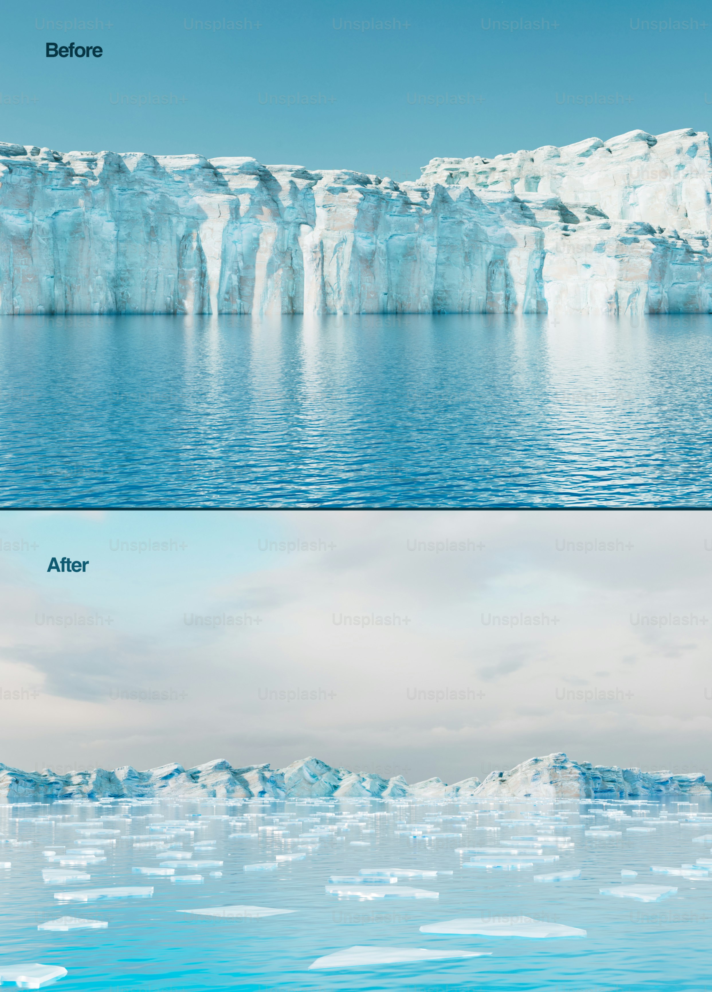Glacier melting into ocean with icebergs floating