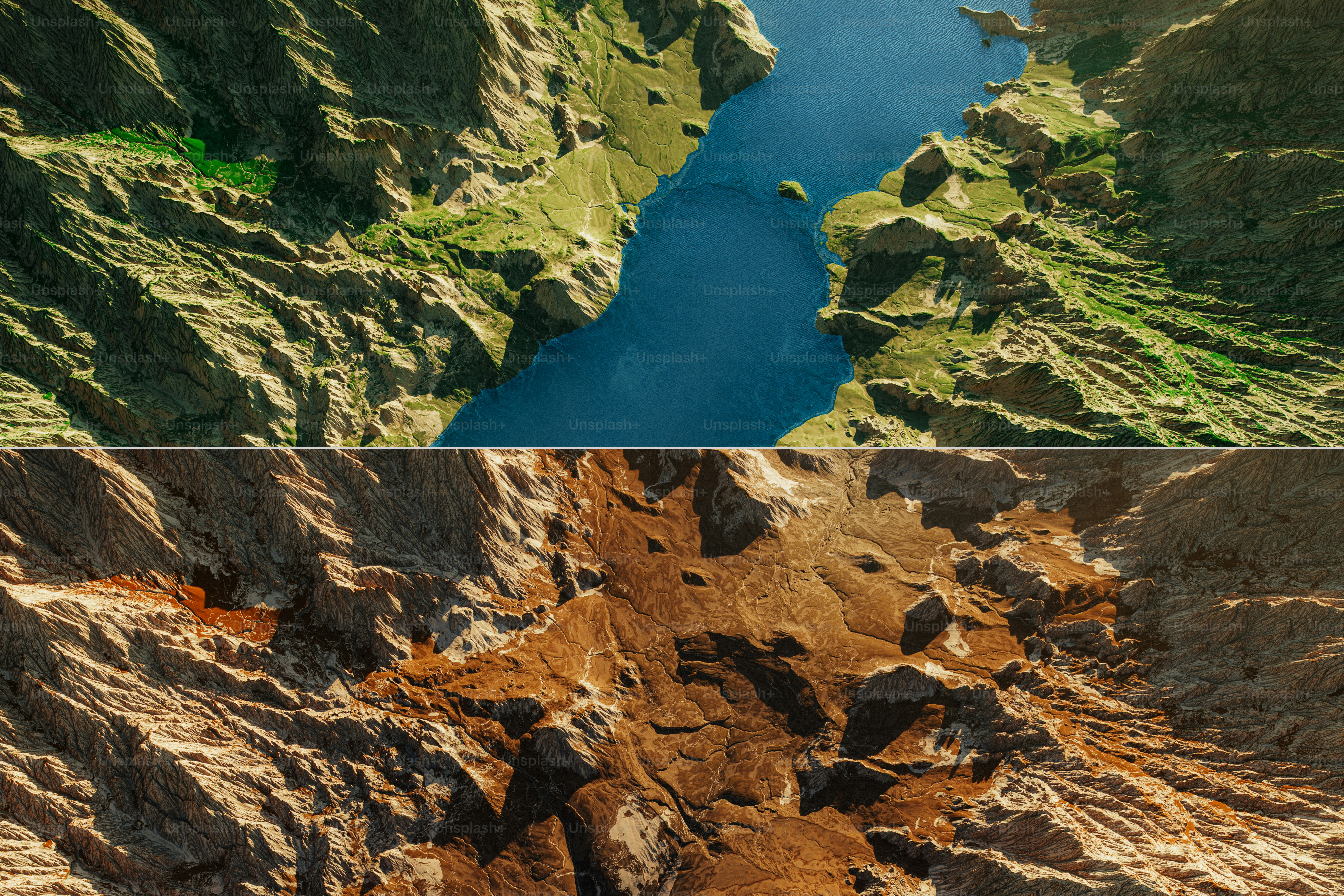 Luftaufnahme eines Flusscanyons und einer Marslandschaft.