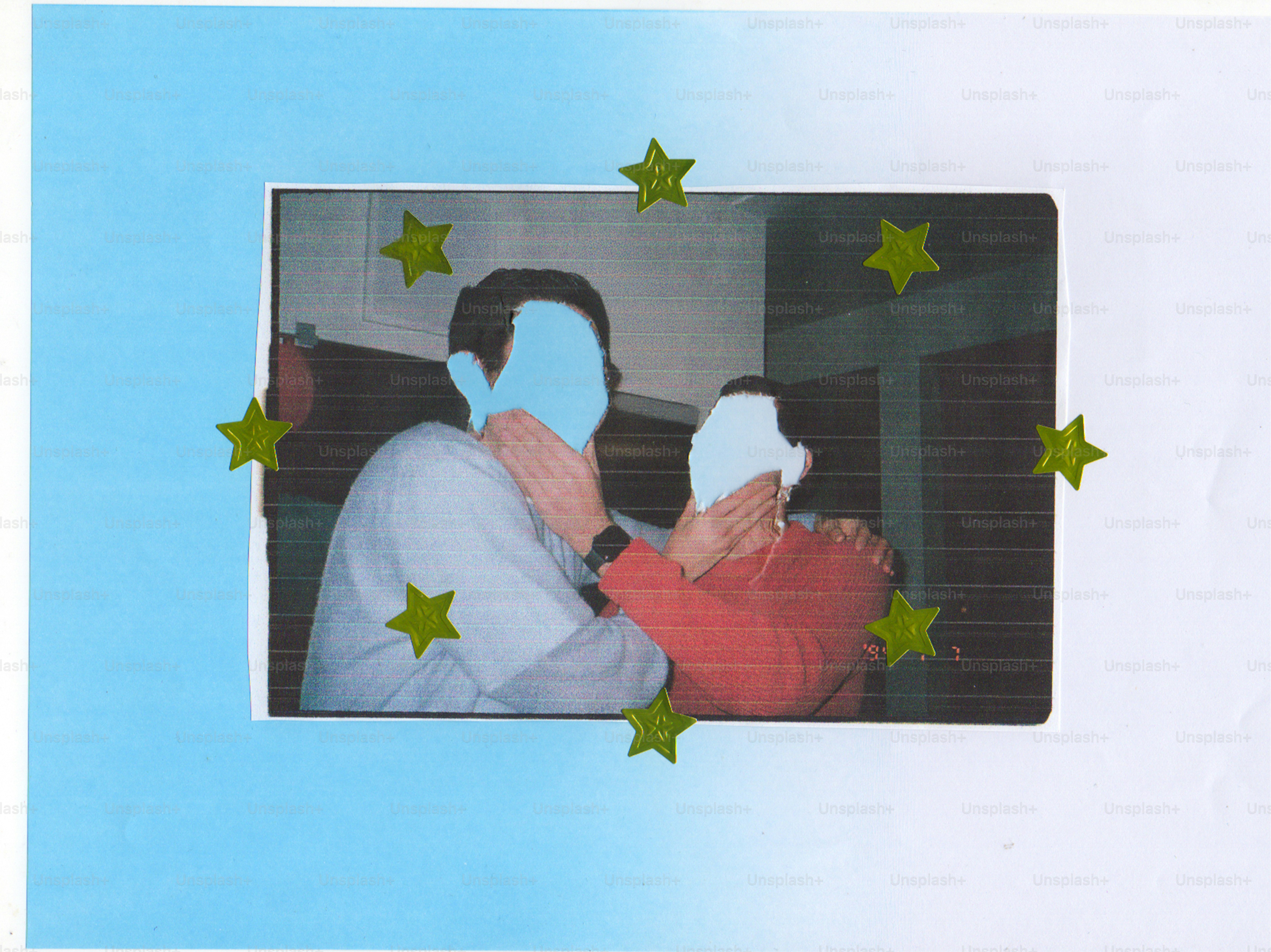 Two people with faces obscured by blue and white.