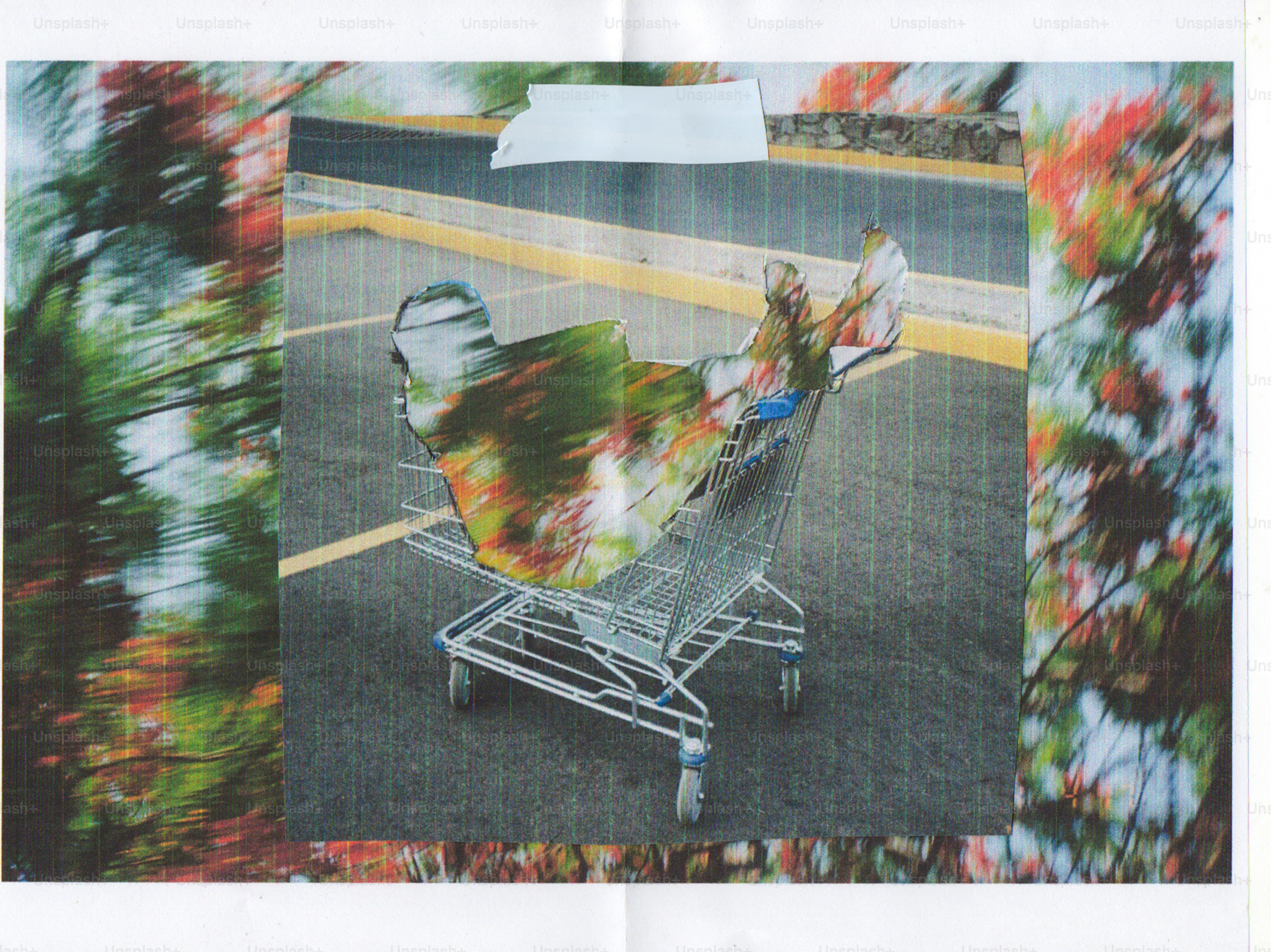 Shopping cart filled with colorful abstract art.