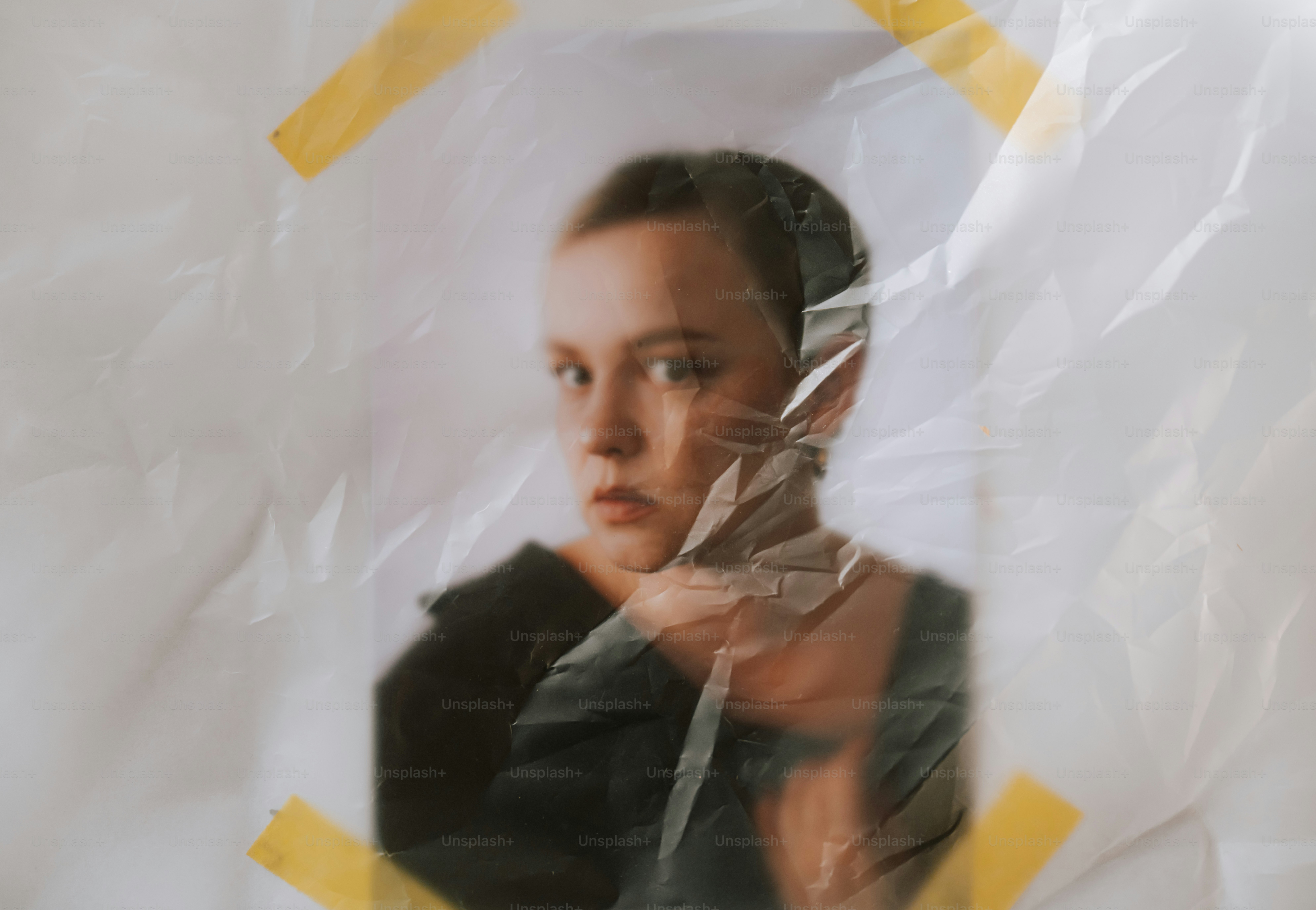 Young woman behind crinkled plastic sheeting