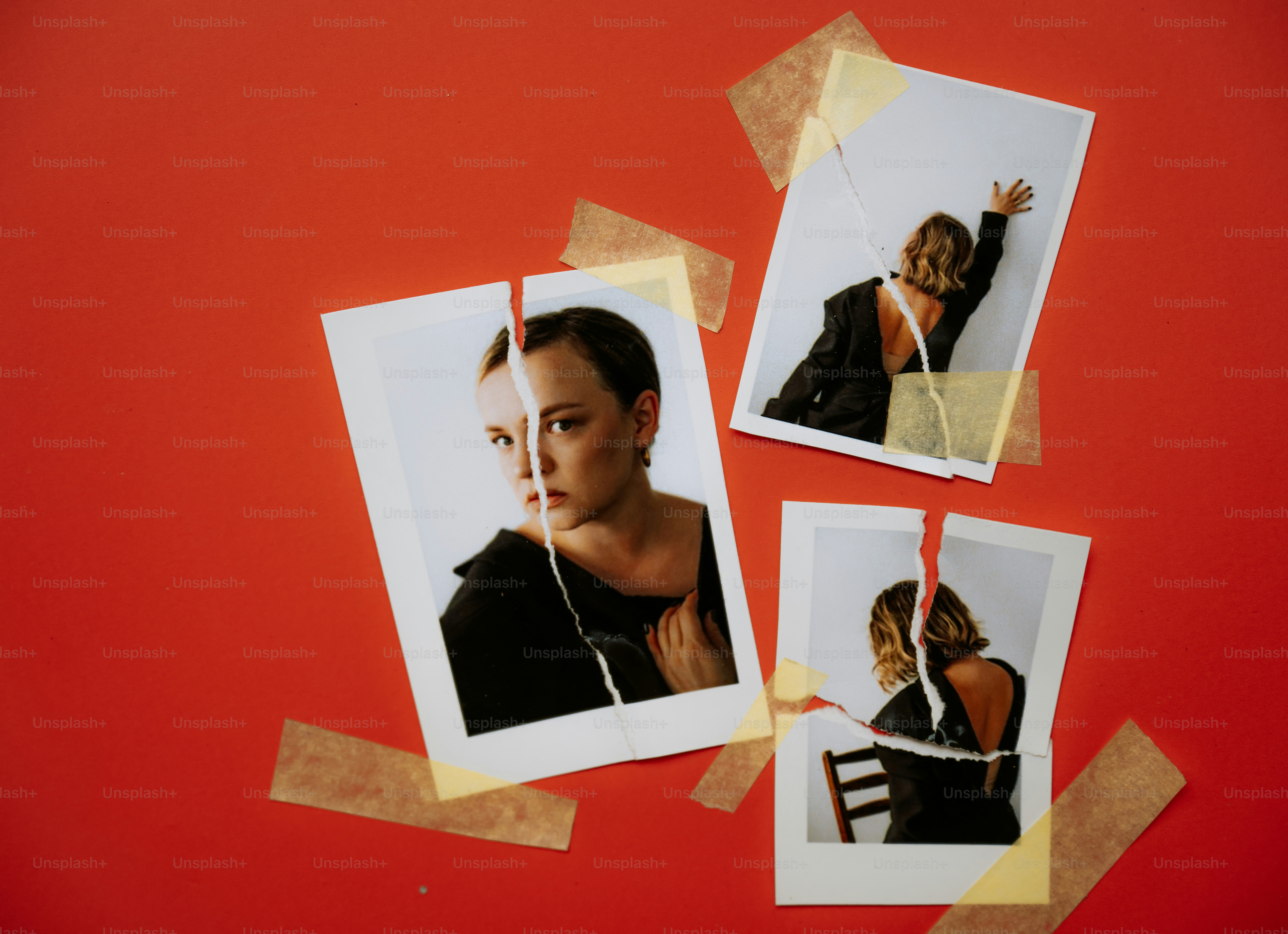 Torn photographs of a woman on red background