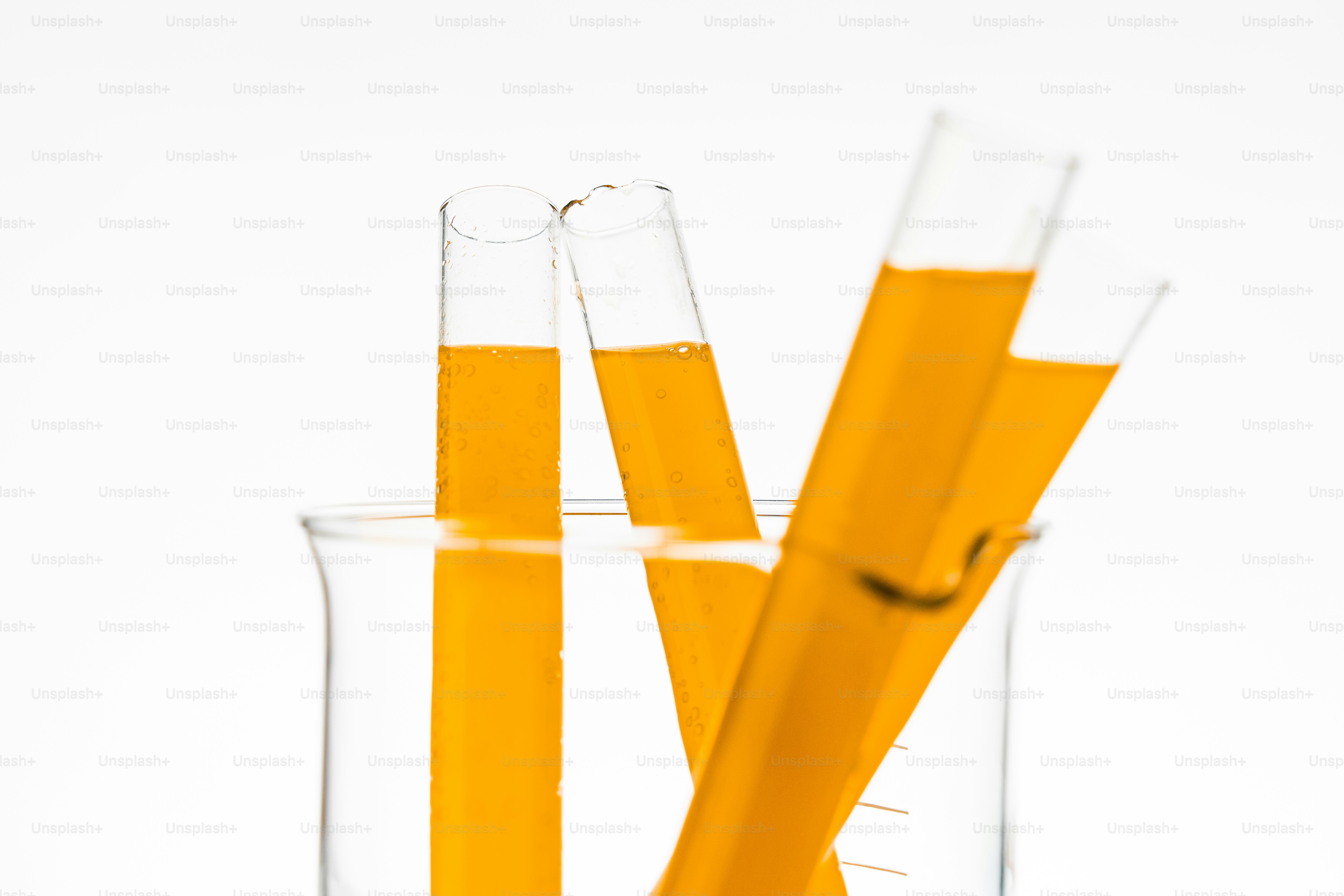 Several test tubes filled with orange liquid in beaker.
