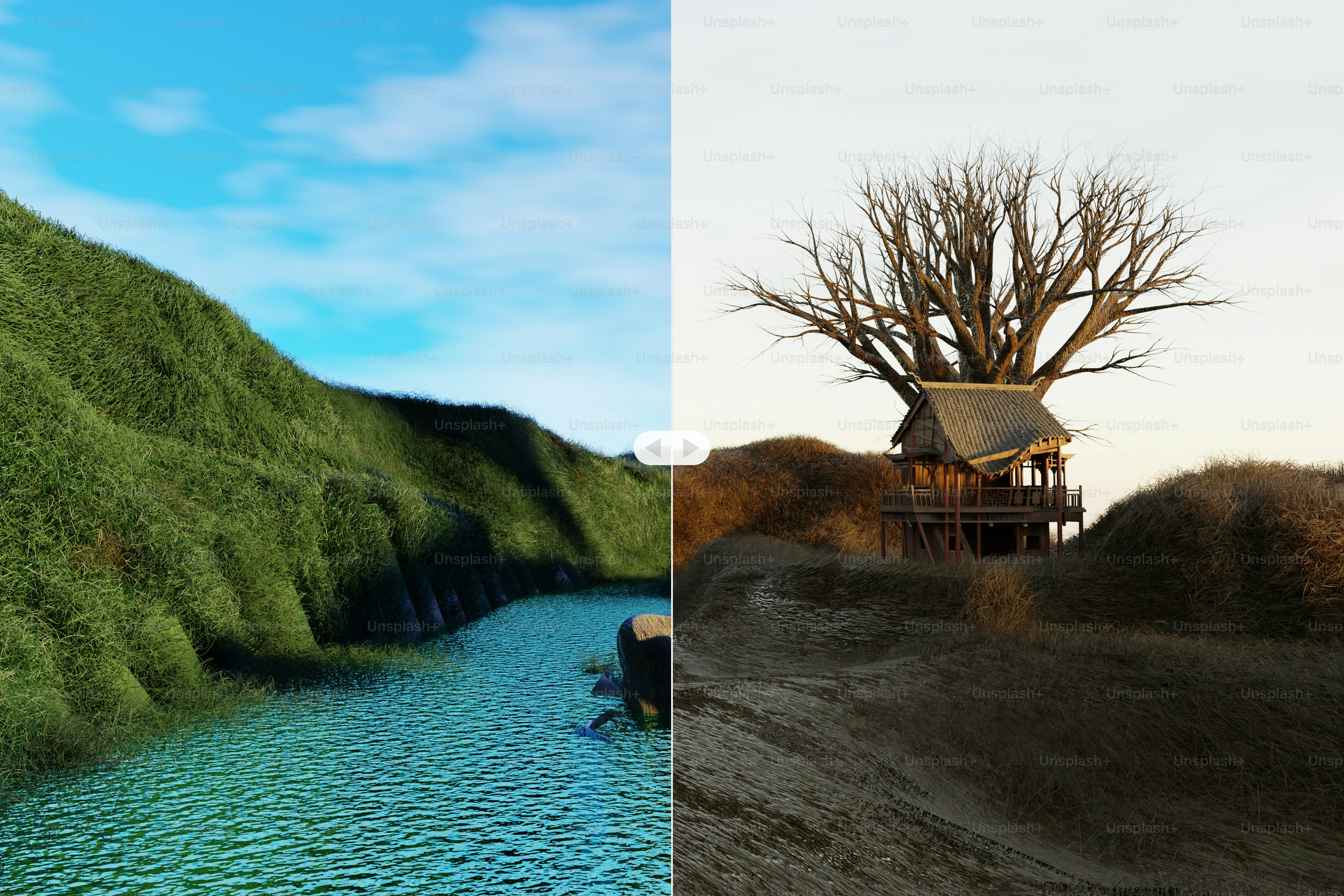 Colinas verdes y río junto a una casa en el árbol.