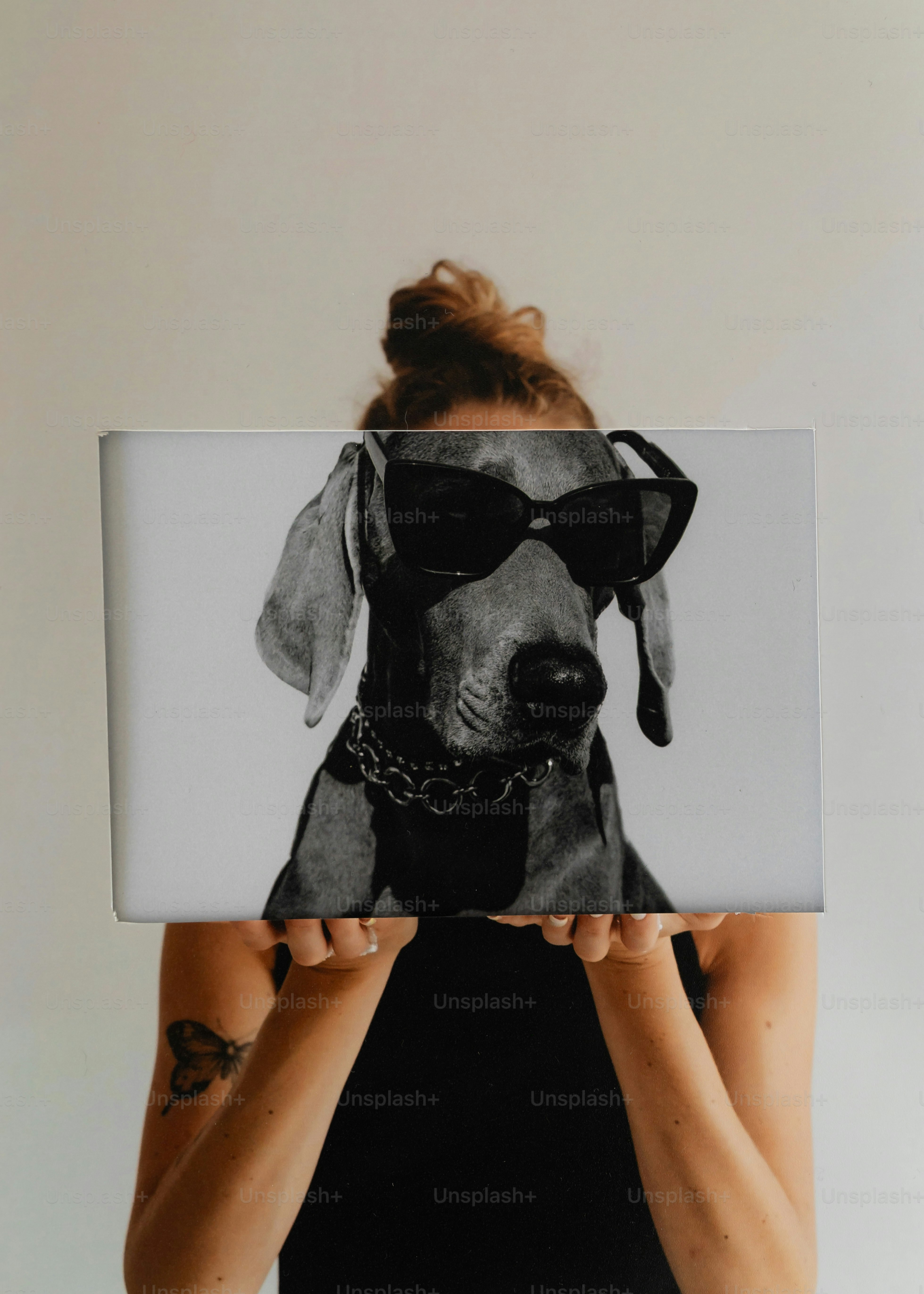 Mulher segurando uma foto emoldurada de um cachorro usando óculos escuros.