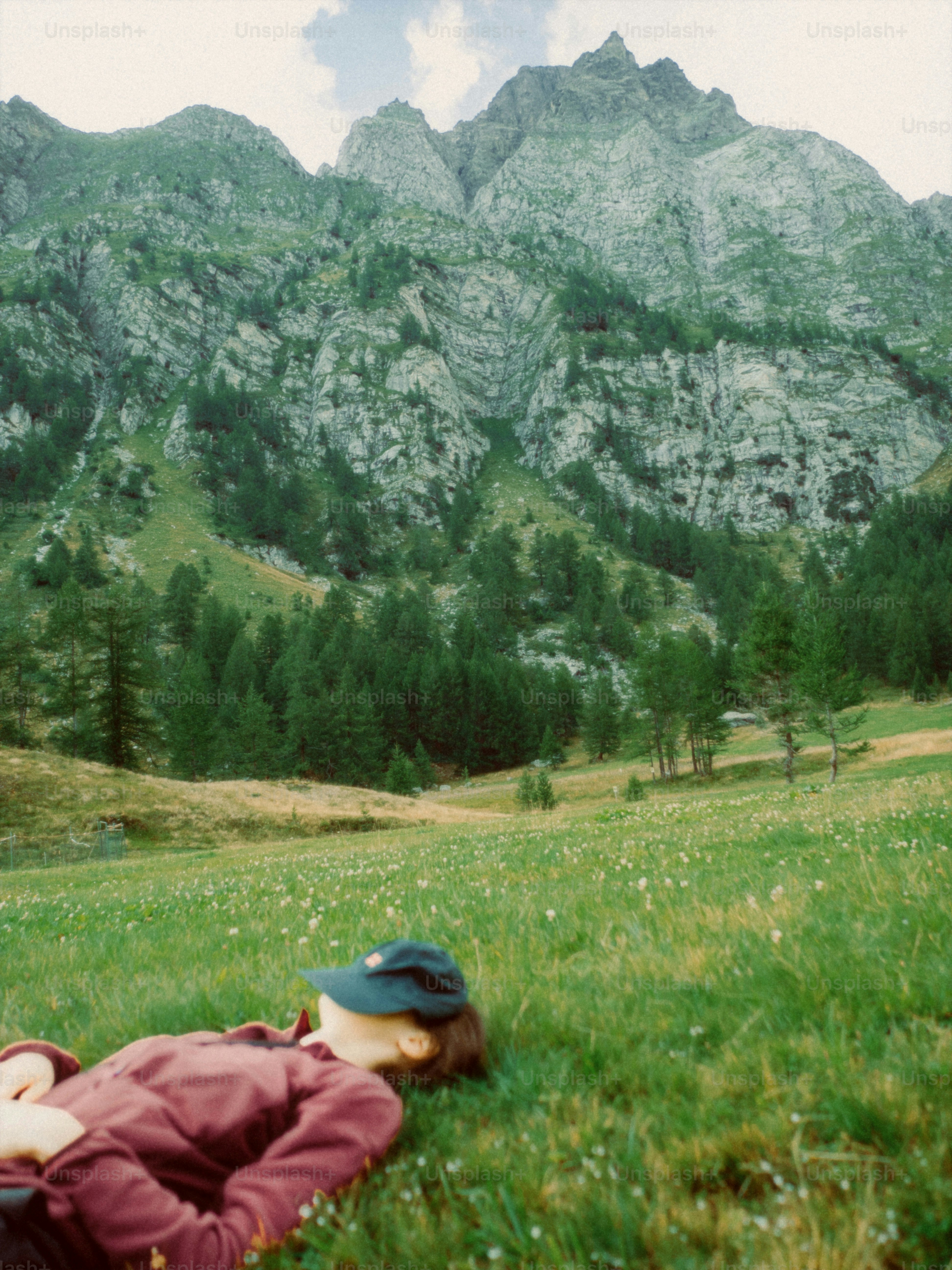 Person resting in grassy field with mountains behind