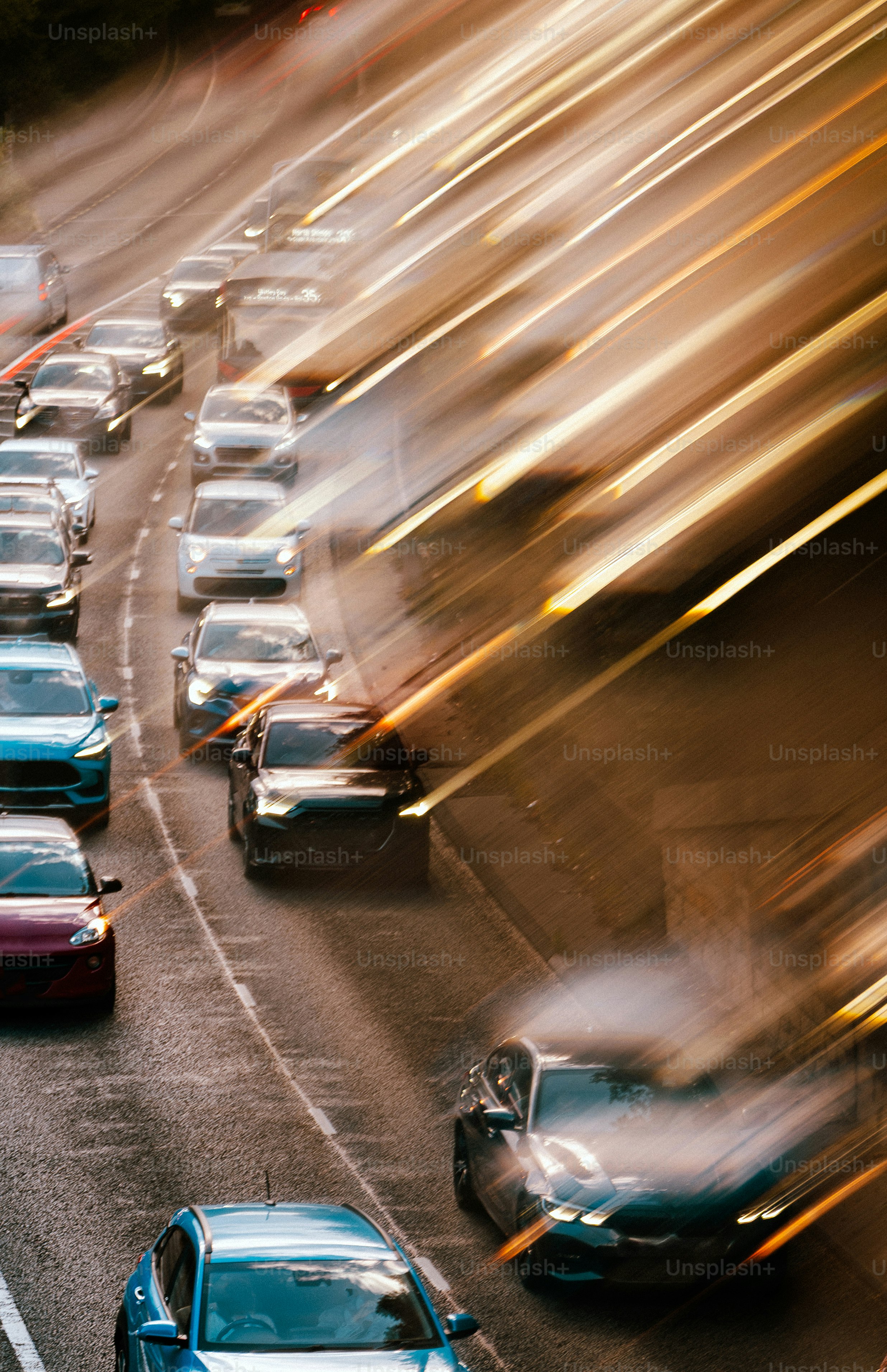 Traffic jam with light streaks on highway at dusk