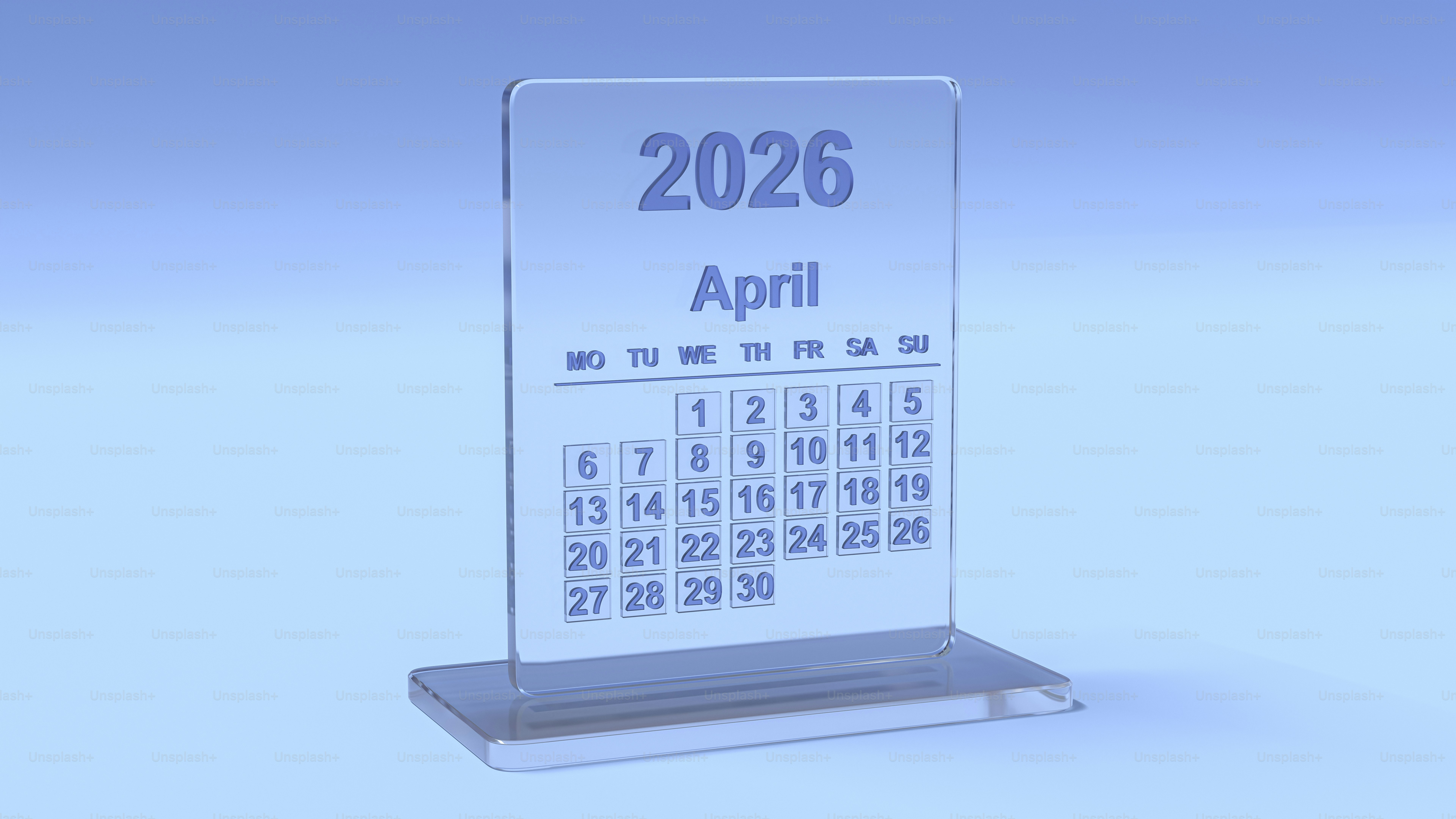 Calendar shows april 2026 on a clear stand