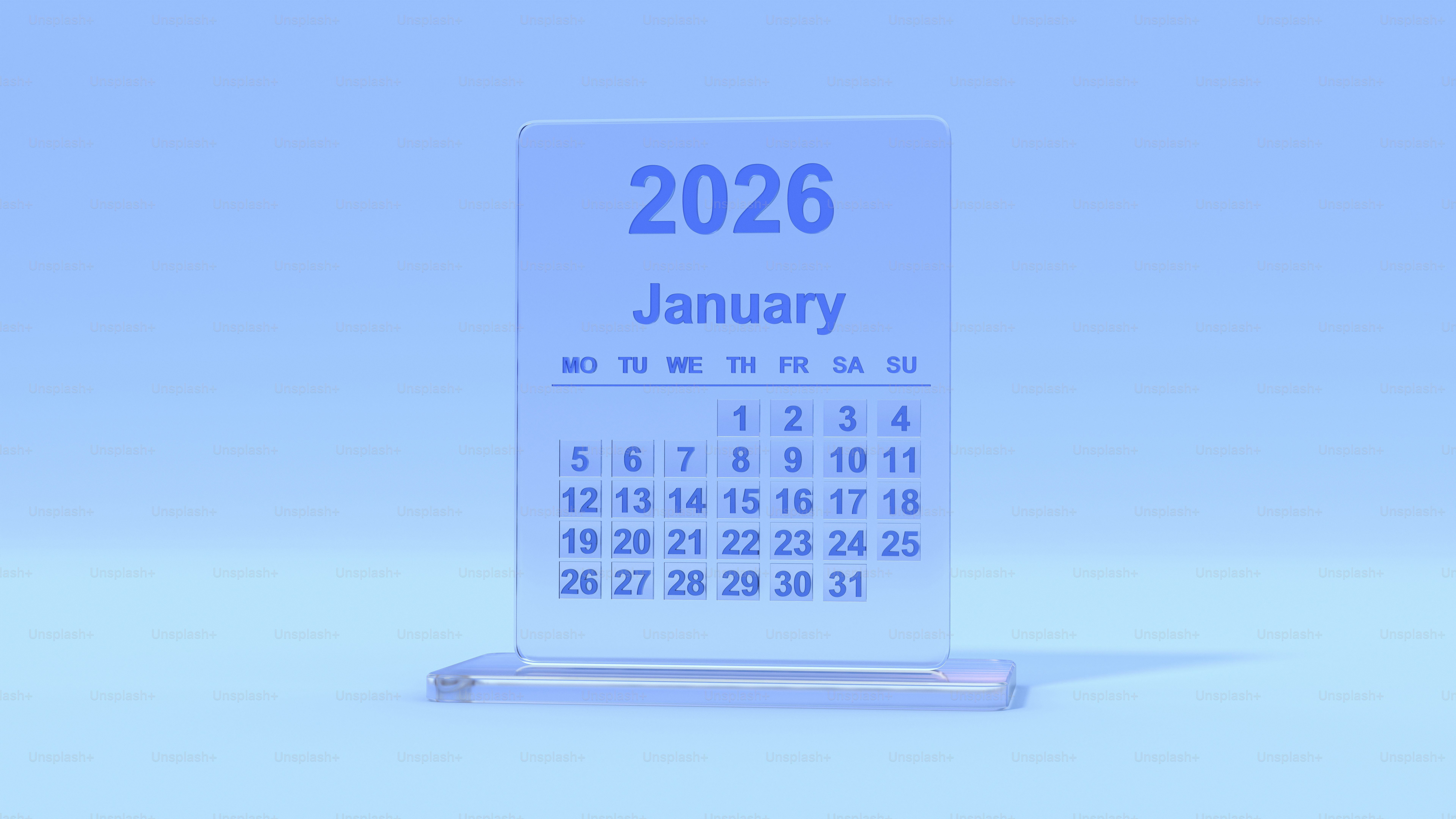 Kalender mit Anzeige Januar 2026 auf blauem Hintergrund.