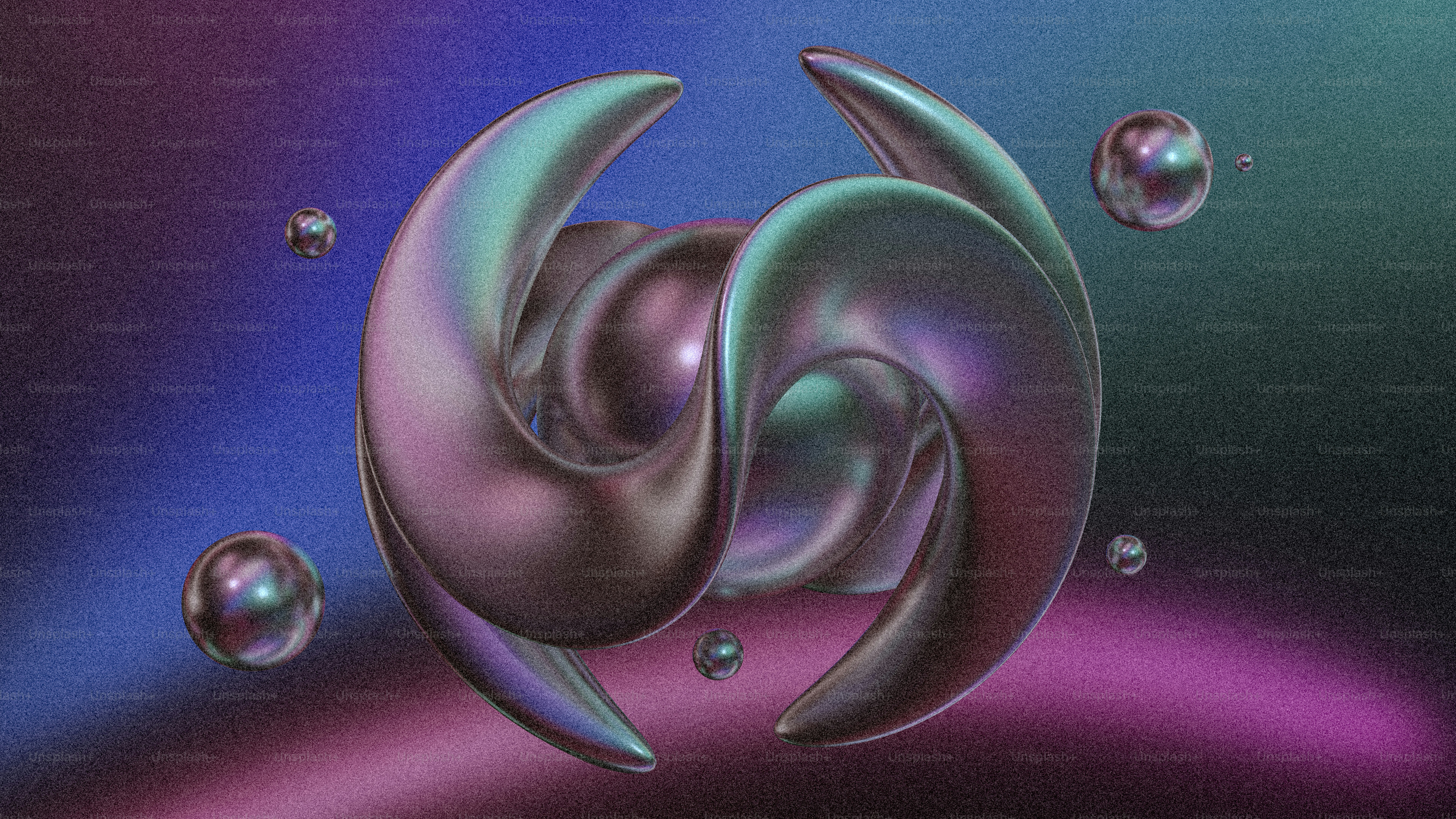 Abstract metallic sculpture with floating spheres