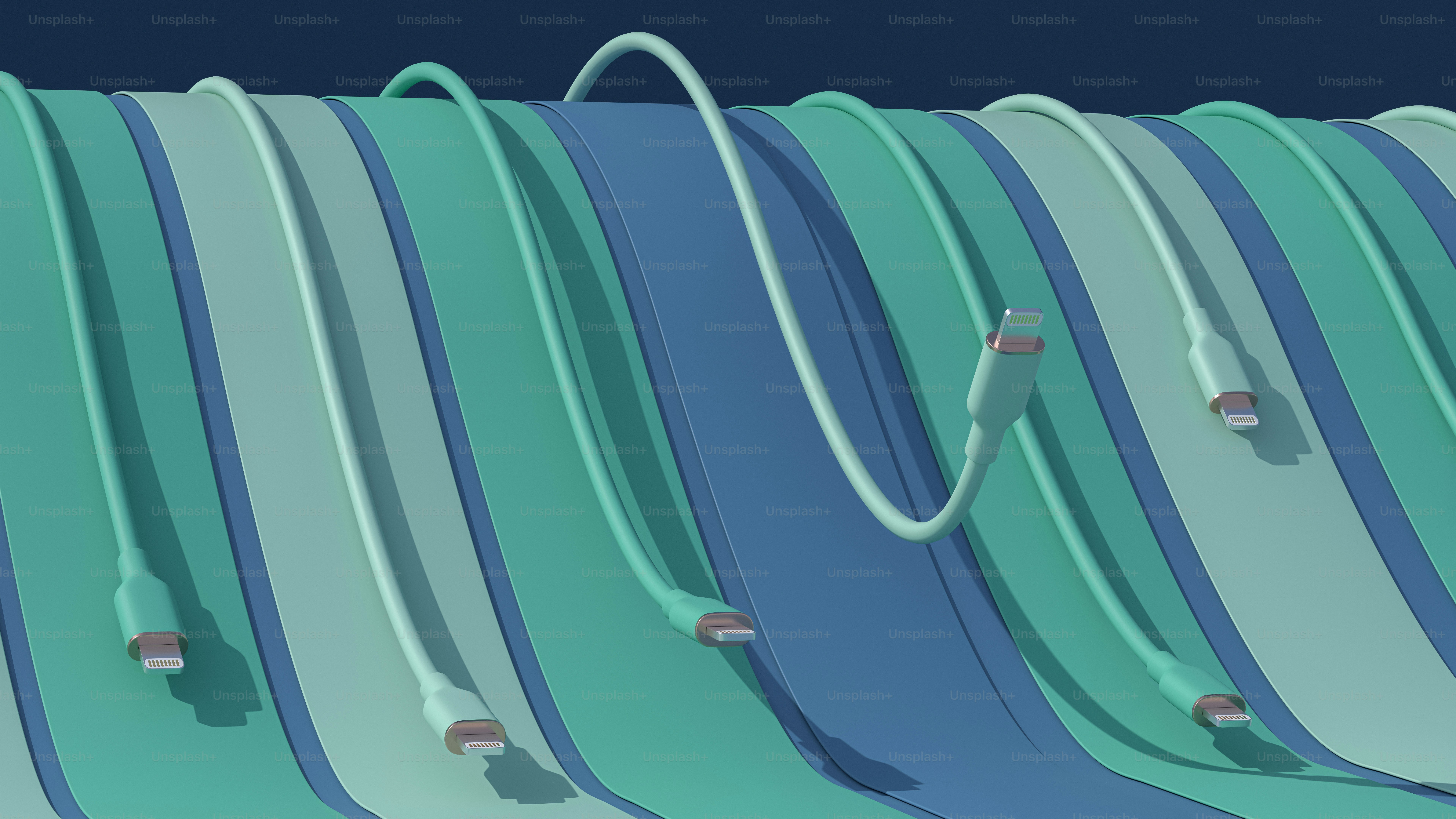 White cables with usb ends on wavy blue background