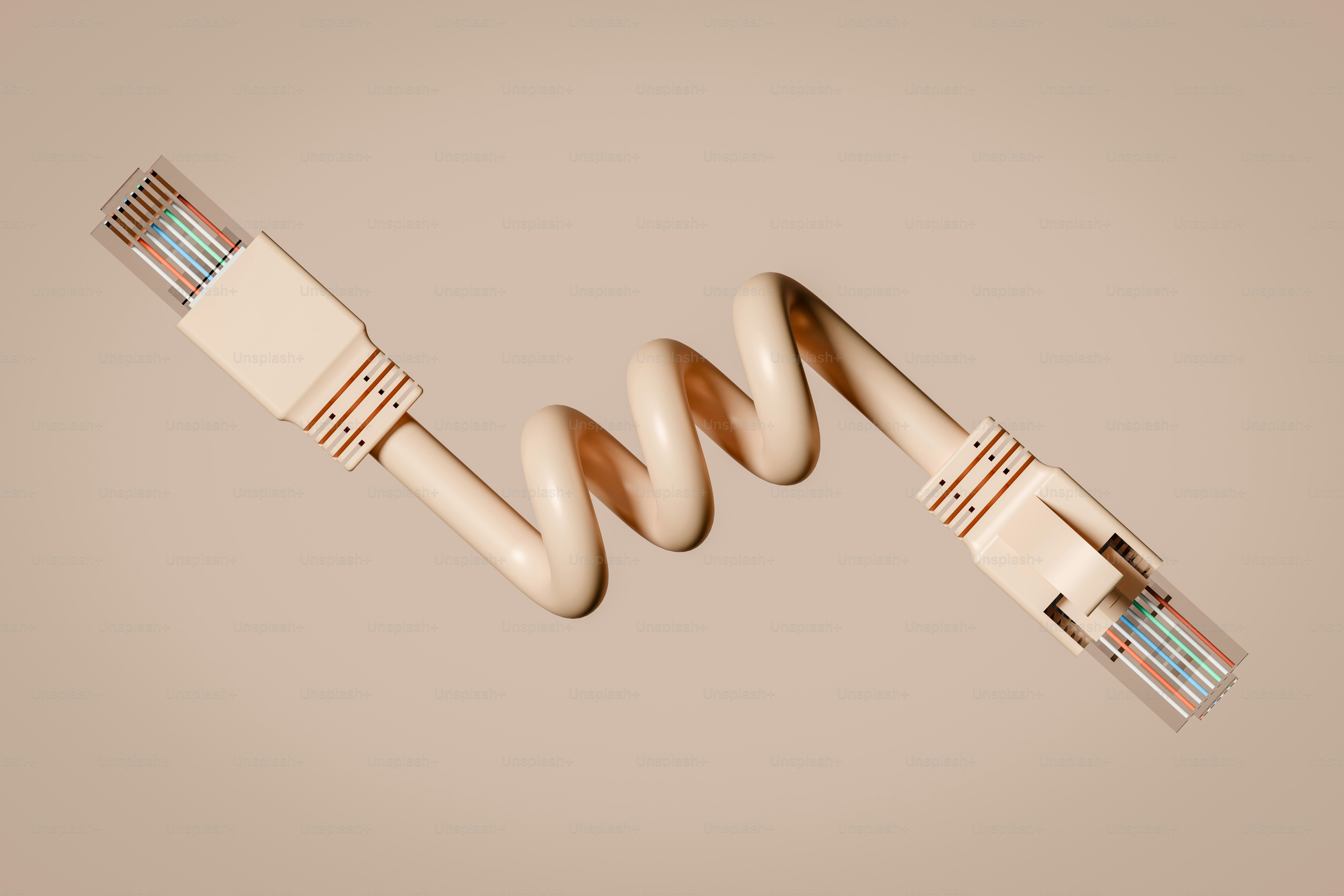 A coiled ethernet cable with beige connectors photo – 3d render Image ...