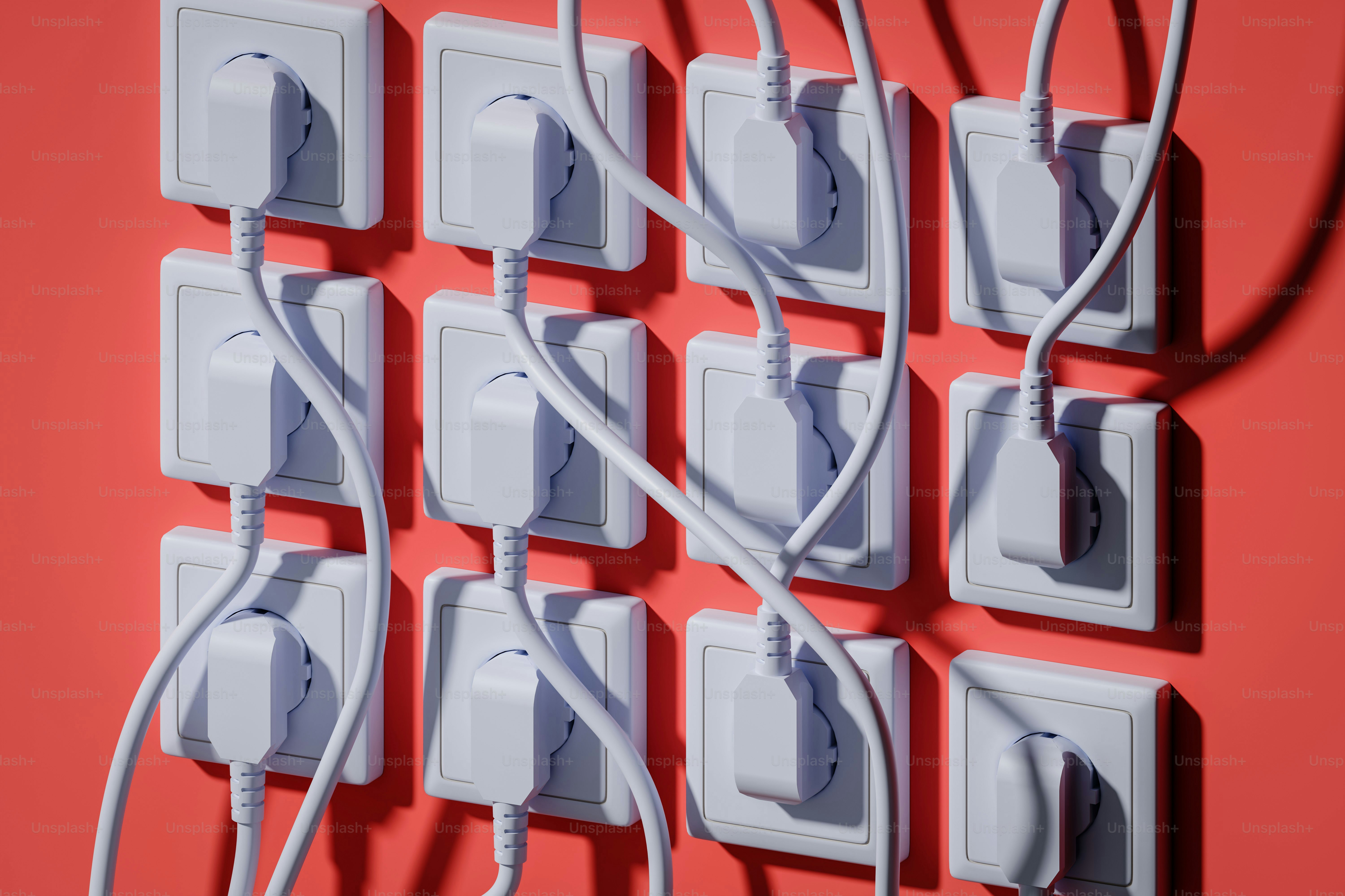 Multiple white electrical outlets with plugs on red wall photo ...