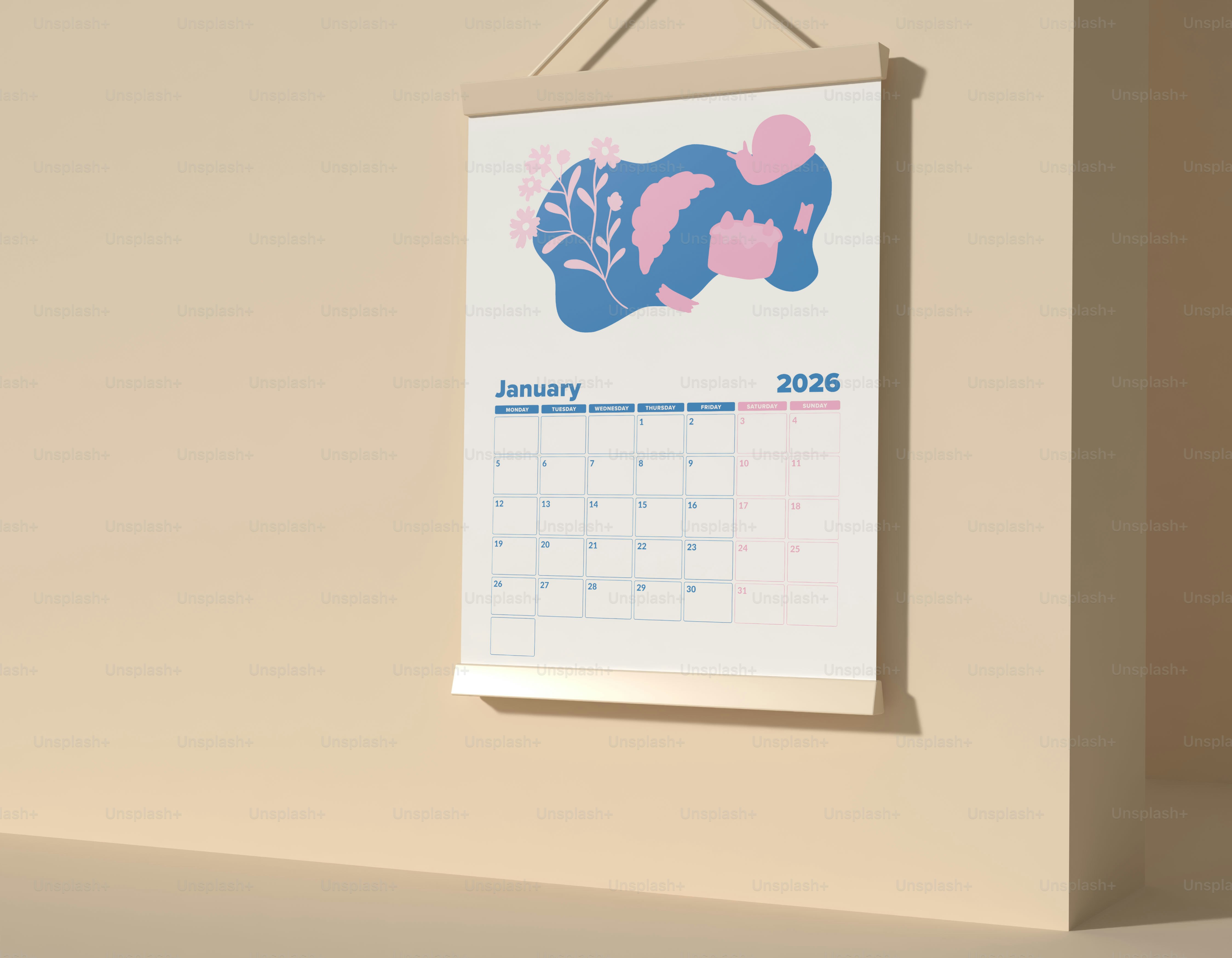 Calendrier de janvier 2026 avec motif floral abstrait