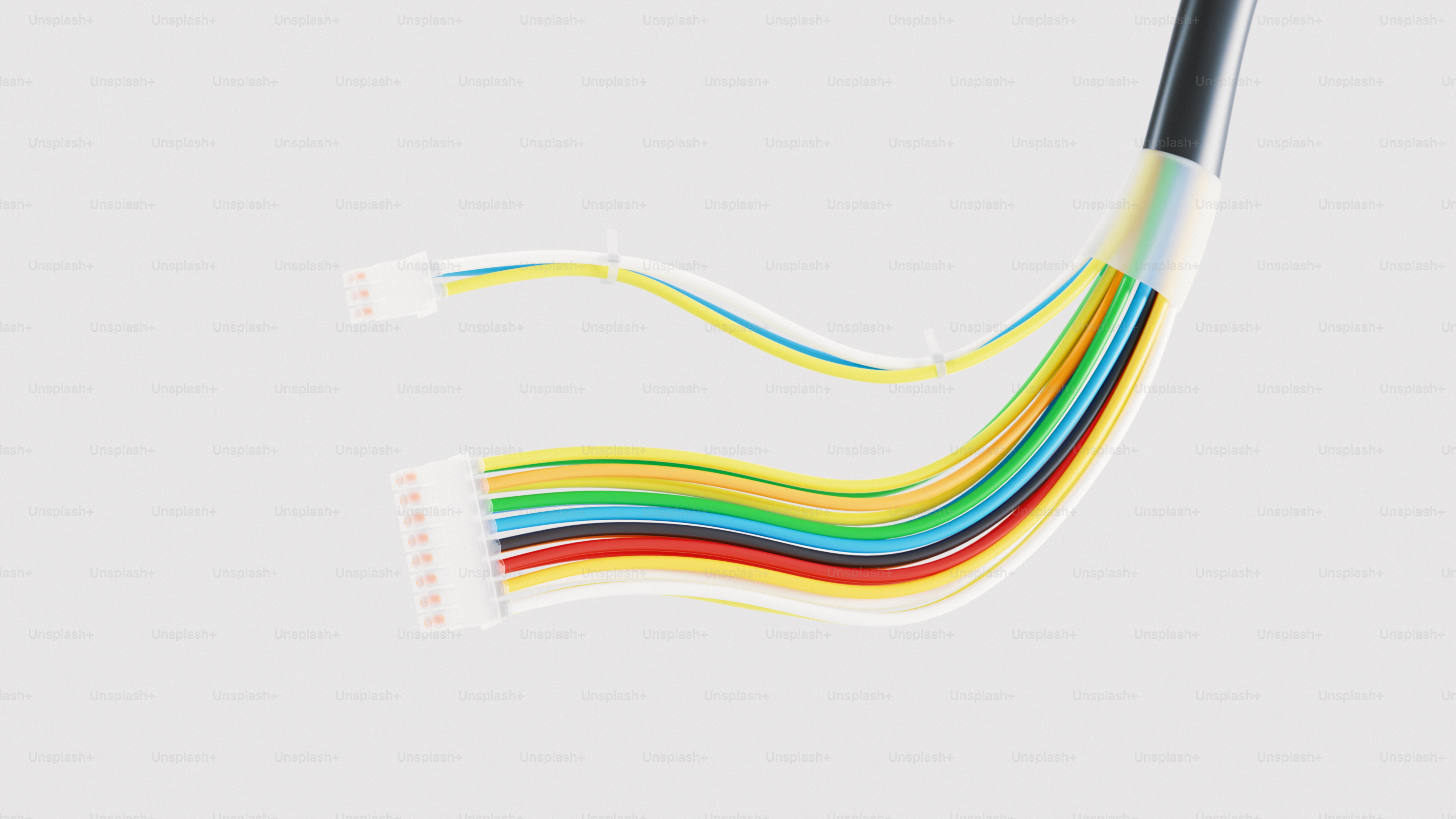 Fios coloridos com conectores brancos em fundo cinza