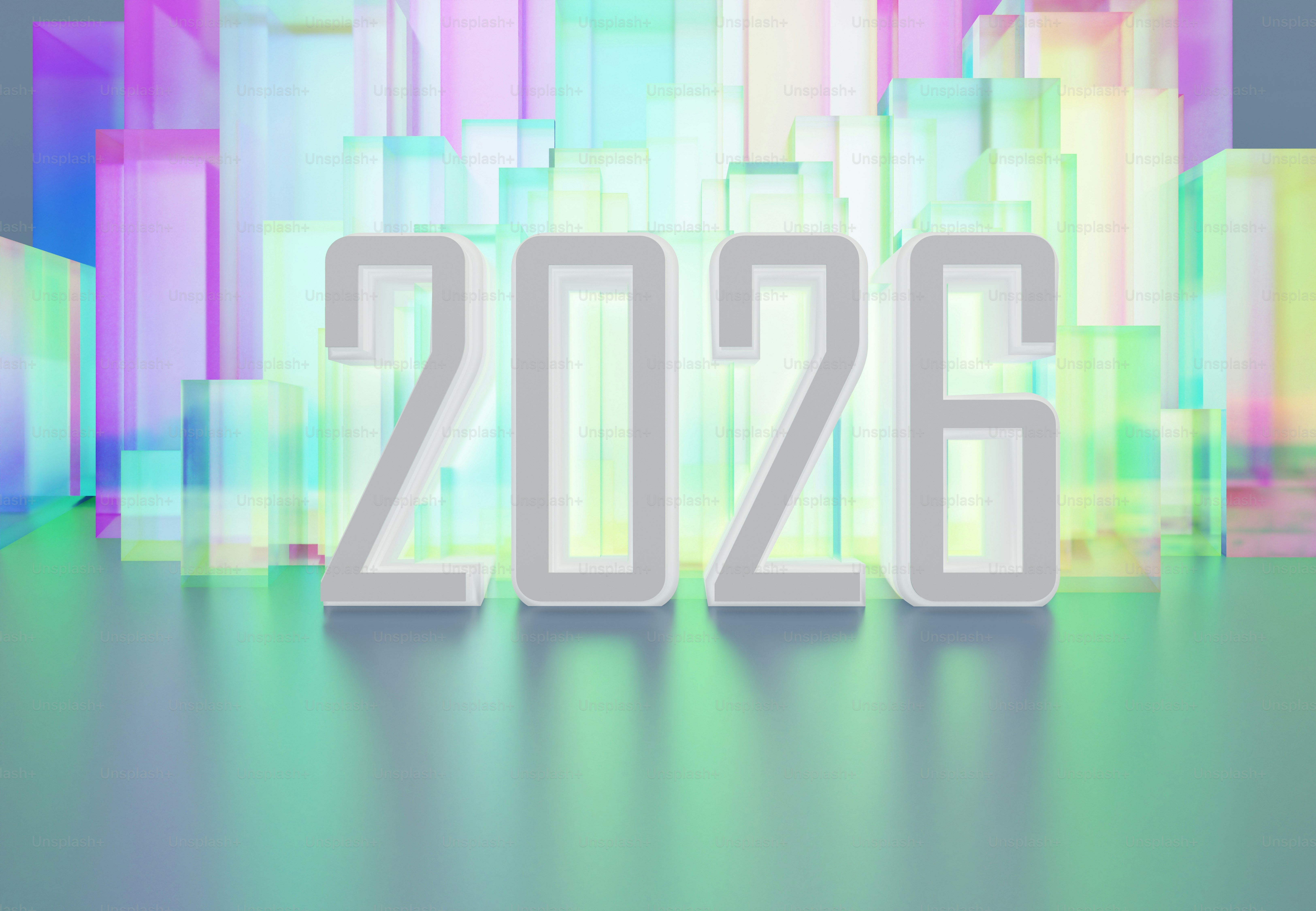 L’année 2026 devant des bâtiments abstraits colorés