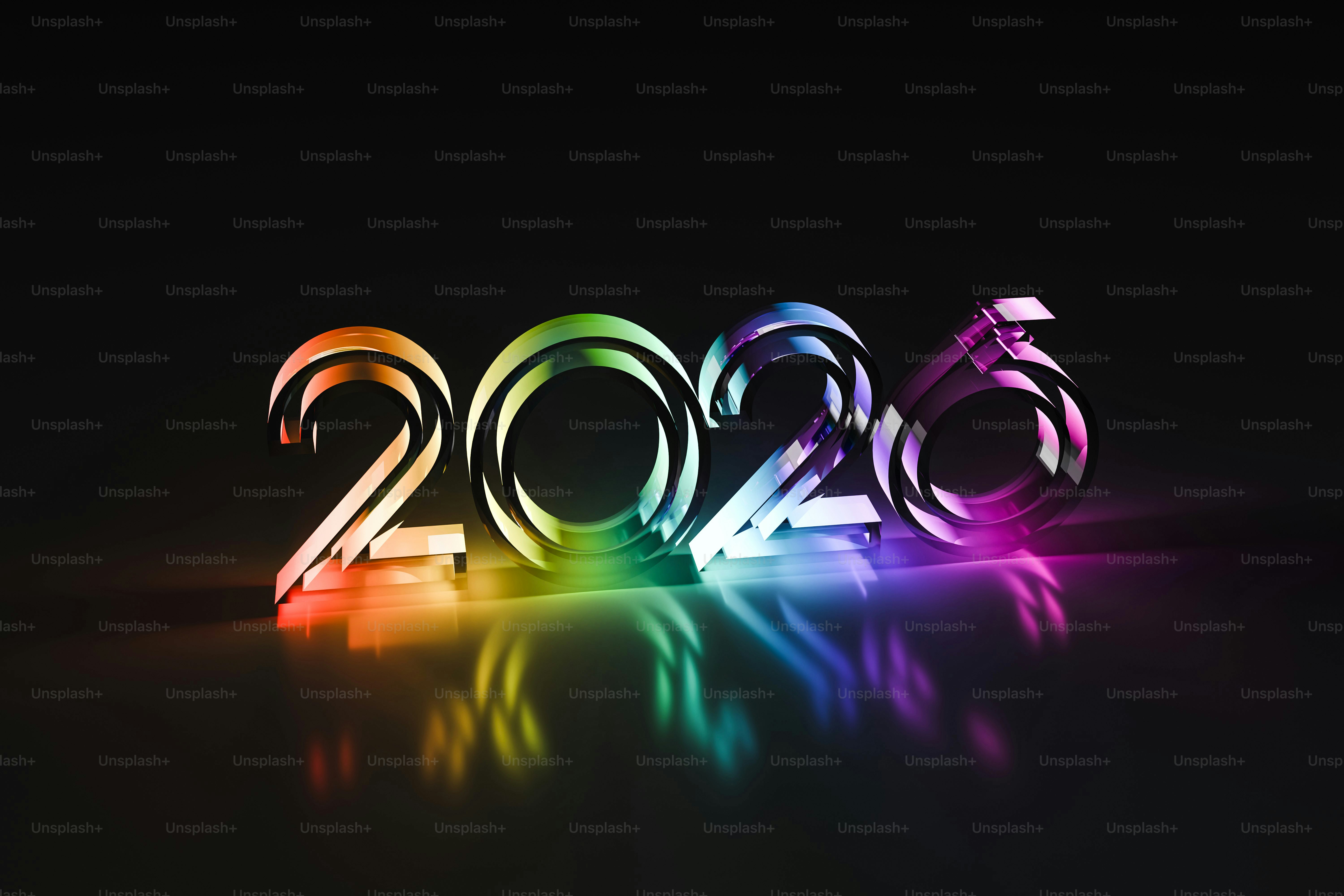 Chiffres 3D colorés de 2026 sur un fond sombre.