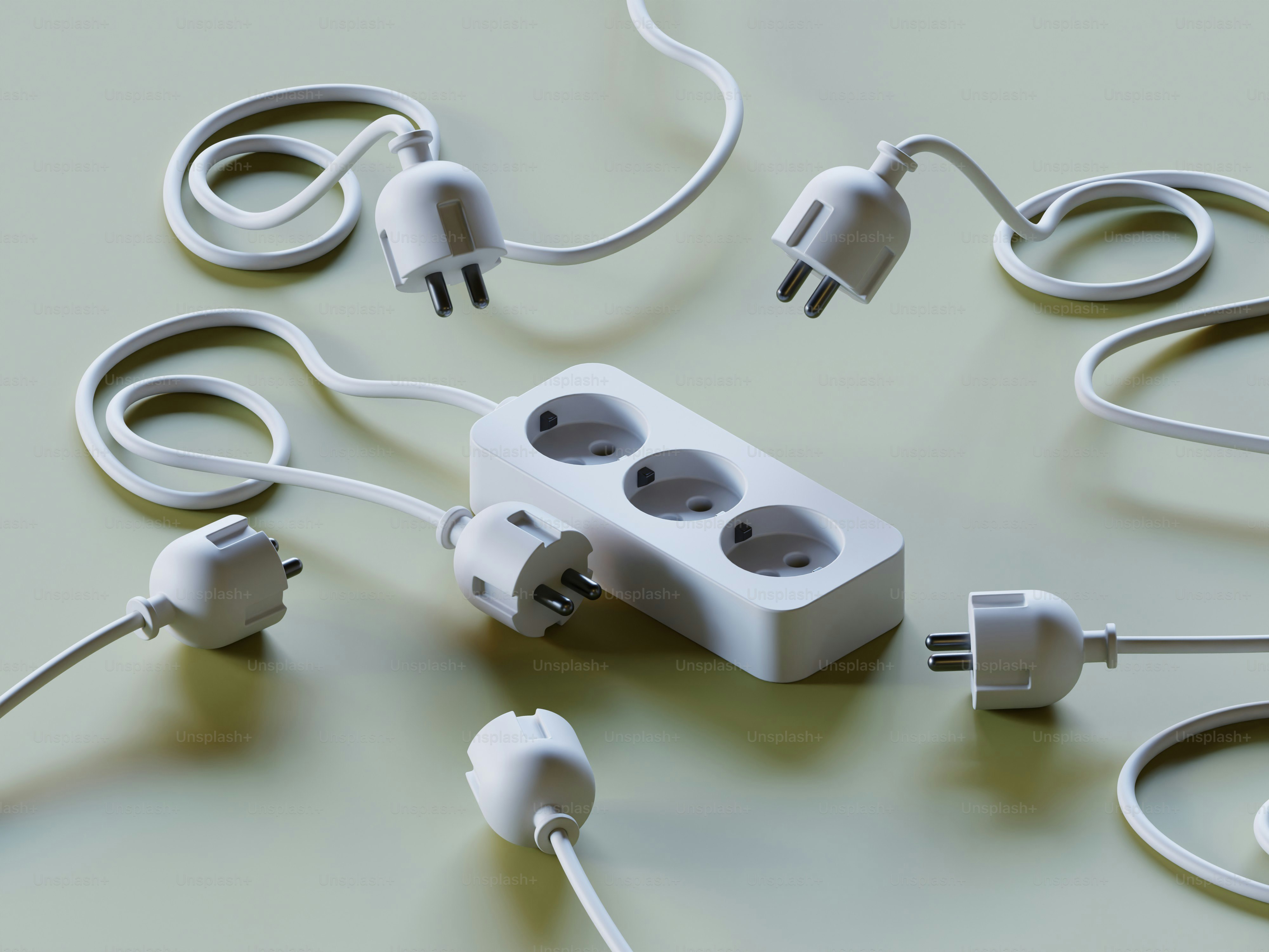 White electrical extension cord and outlets on a surface