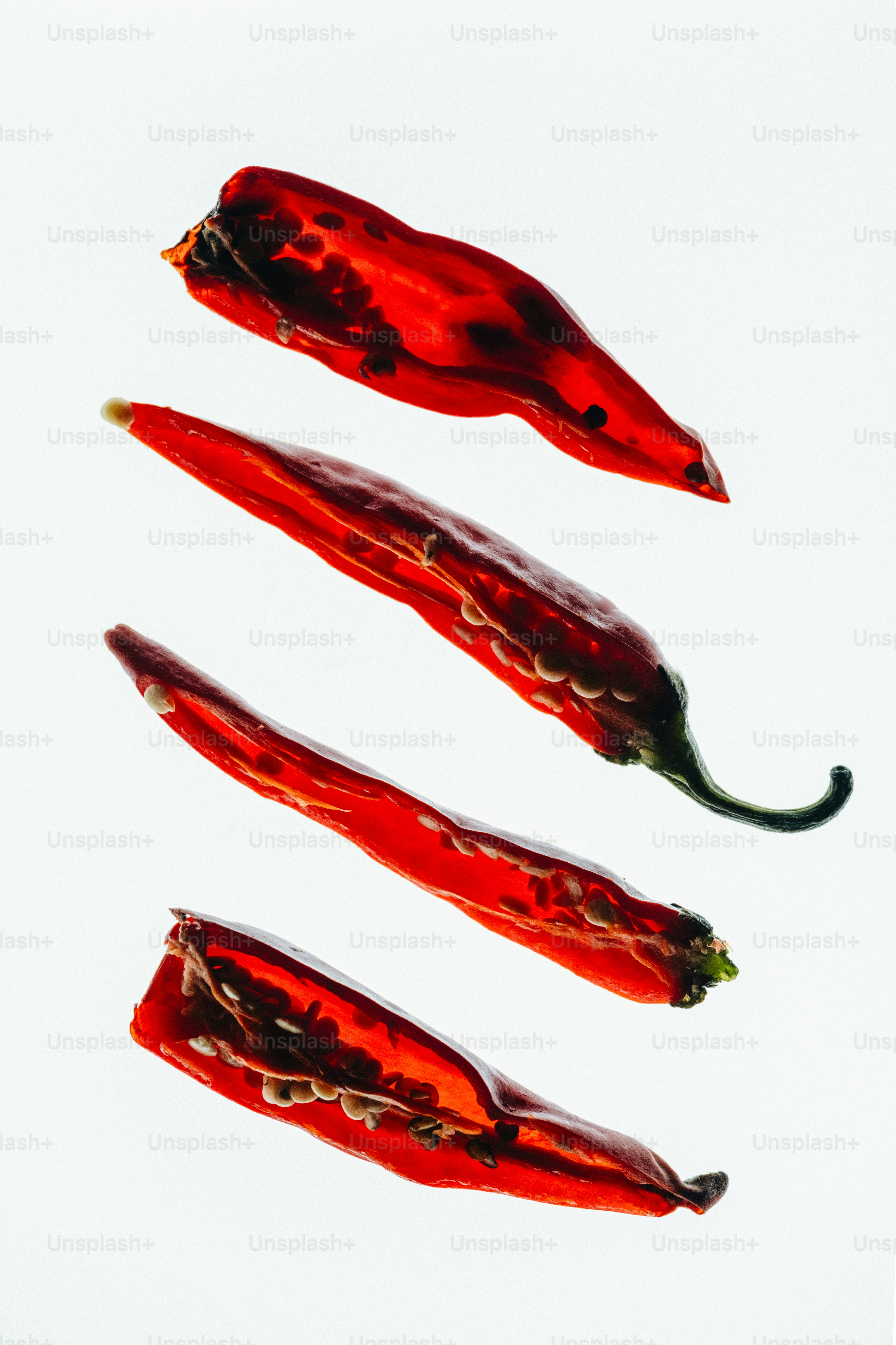 Four dried red chili peppers on white background