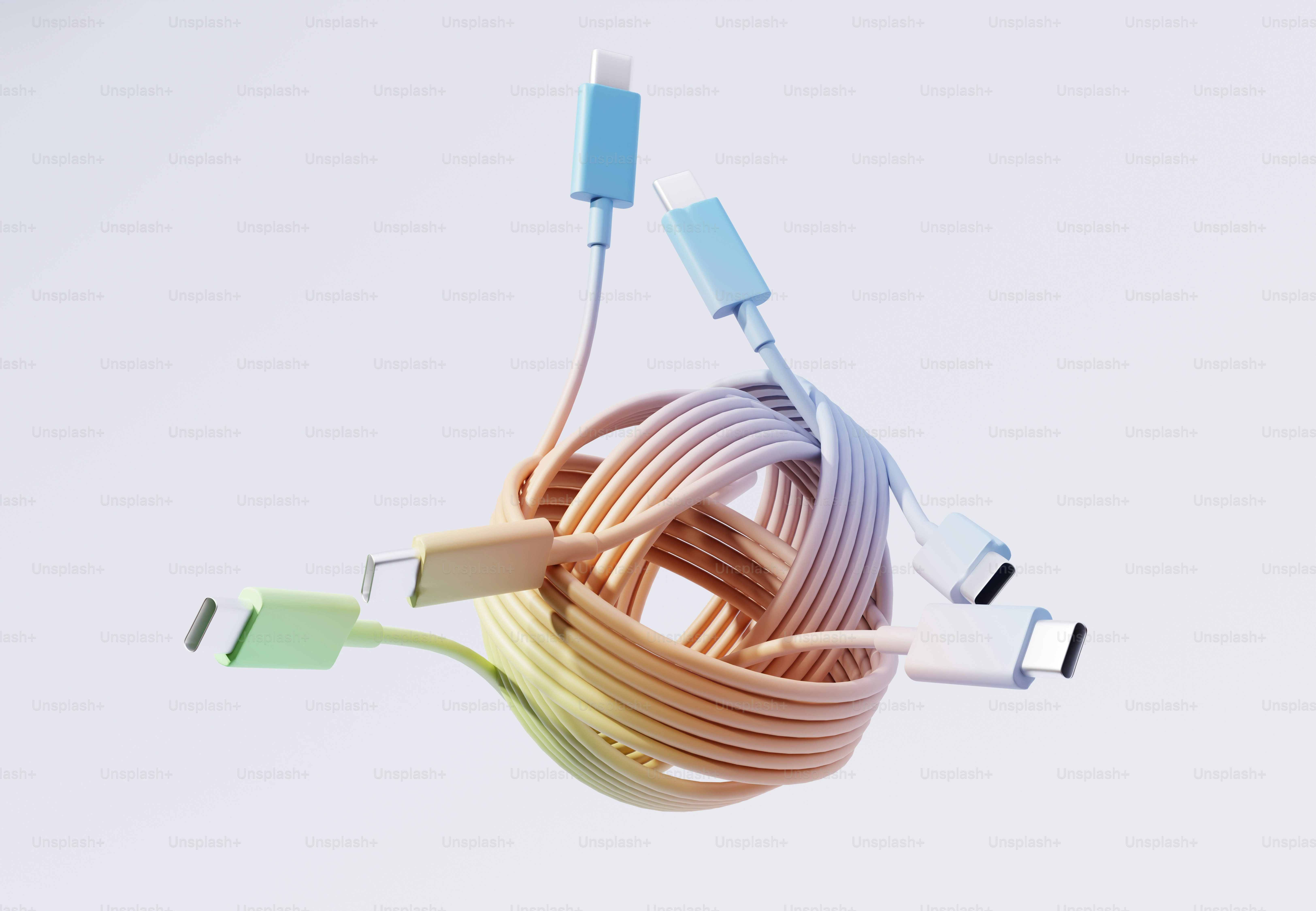 Verhedderte USB-C-Kabel bilden eine Kugel auf weißem Hintergrund