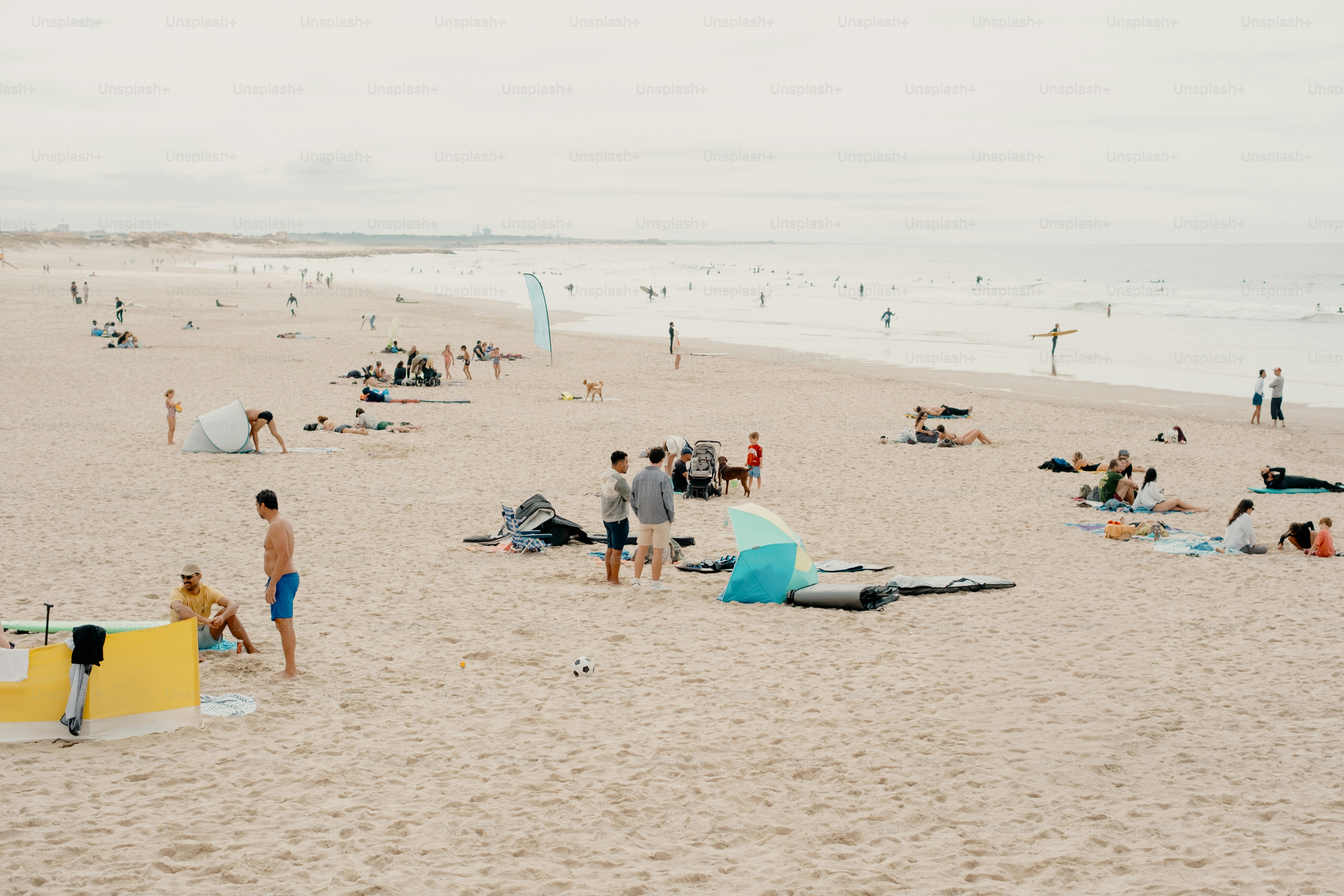 Persone che si rilassano su una spiaggia sabbiosa con l'oceano sullo sfondo