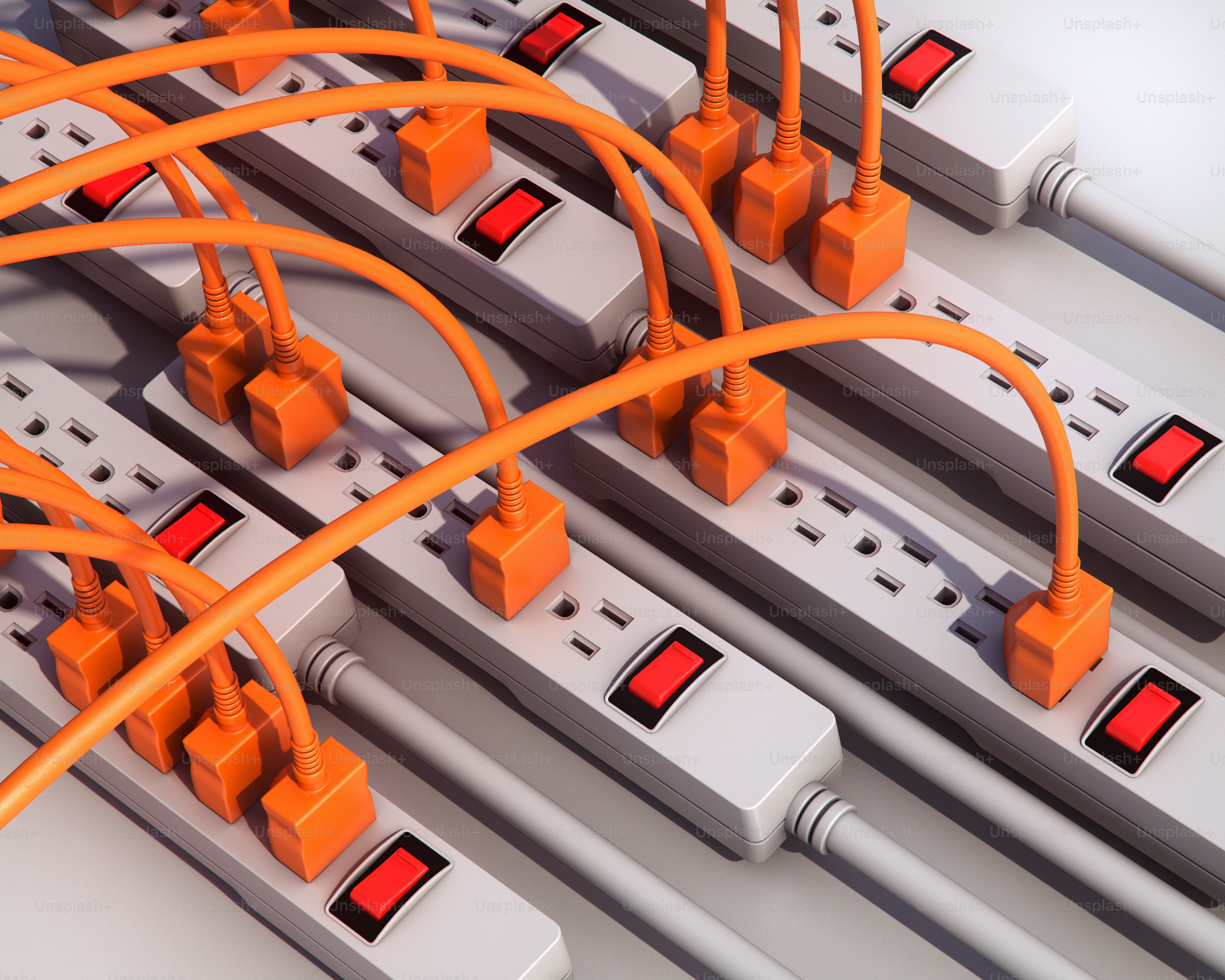 Vários filtros de linha com cabos laranja conectados