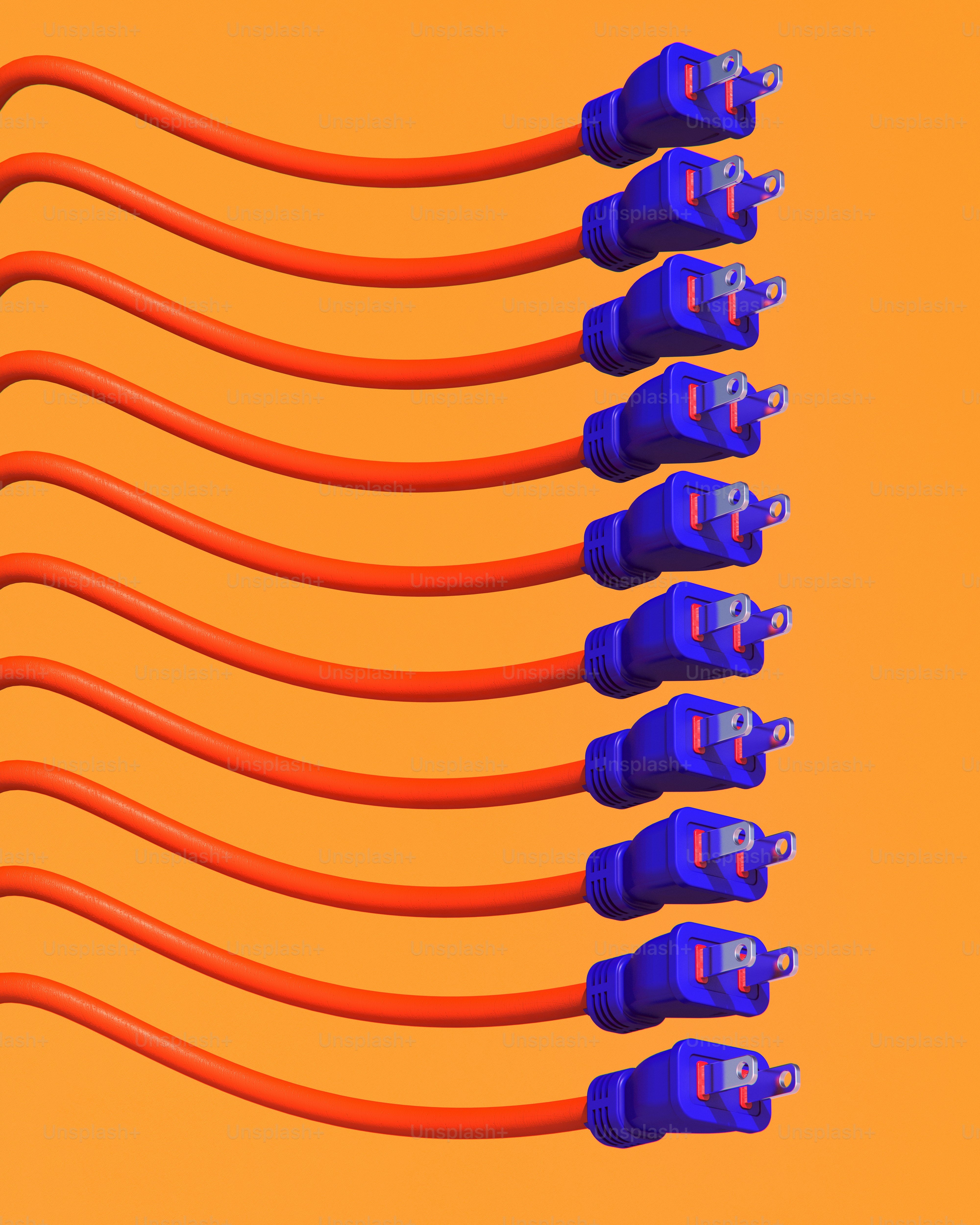 Vários cabos elétricos laranja com plugues azuis