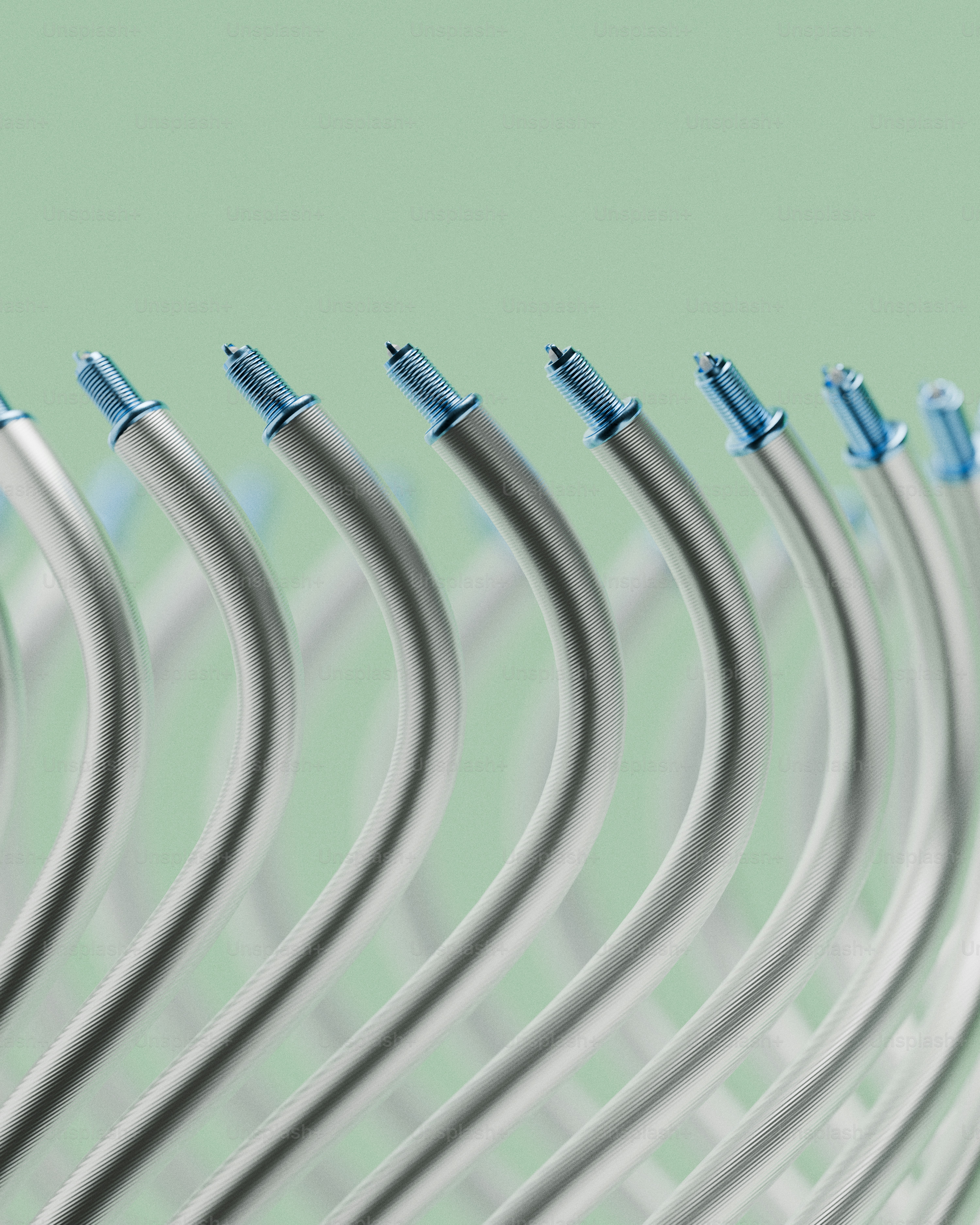 Row of curved medical tubes with blue tips photo – 3d render Image on ...