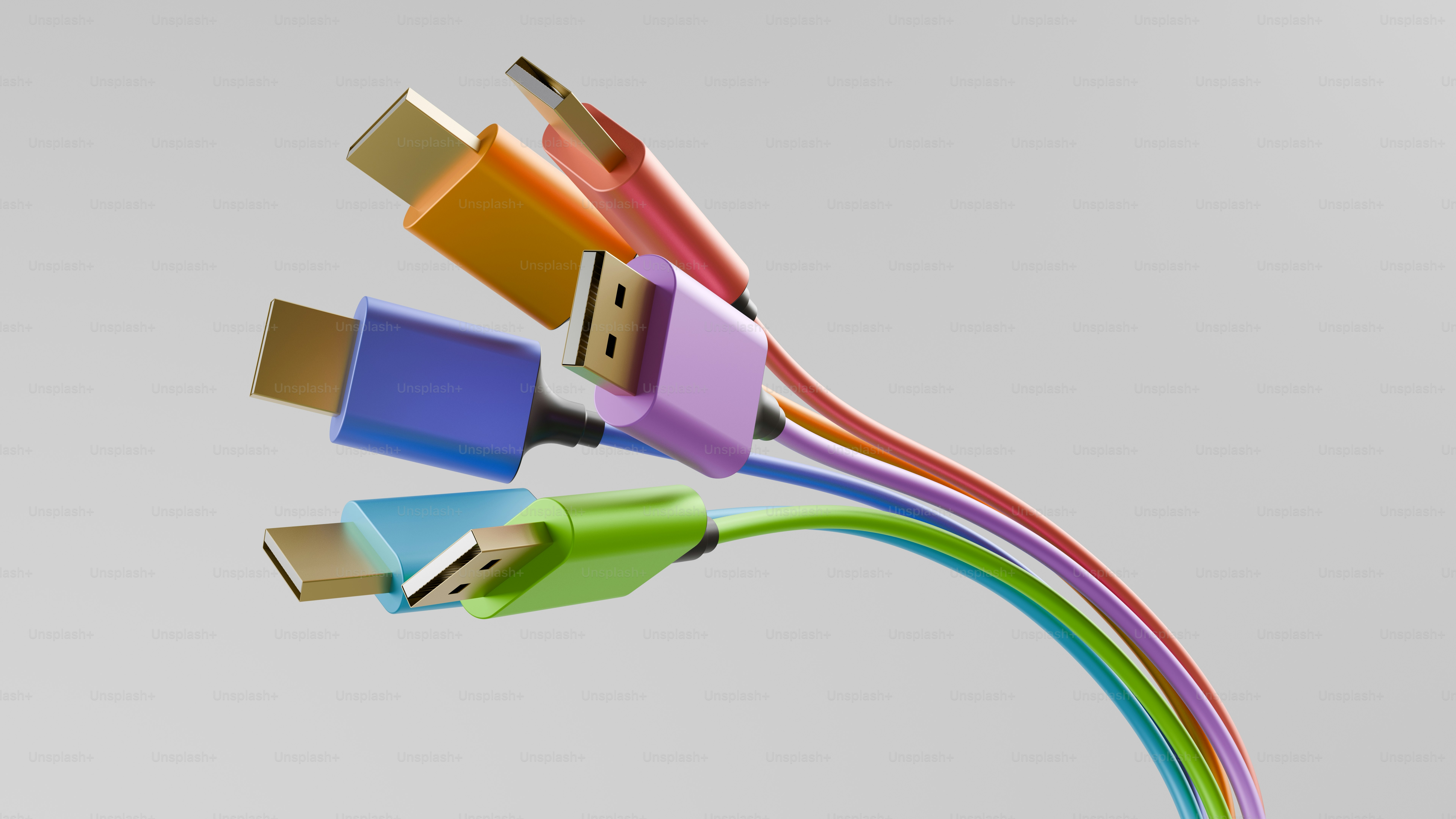 Colorful hdmi cables with gold connectors on white background.